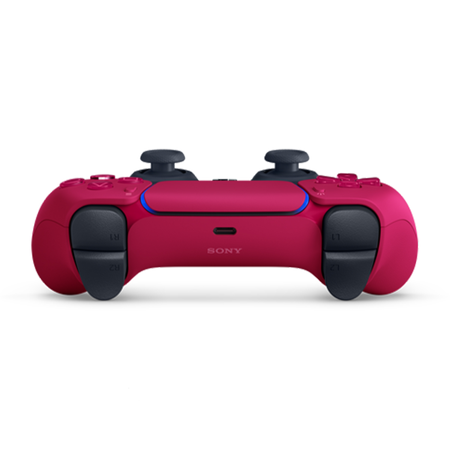 Controller Sony PlayStation 5 rosso, vista dall'alto, centrato su bianco.