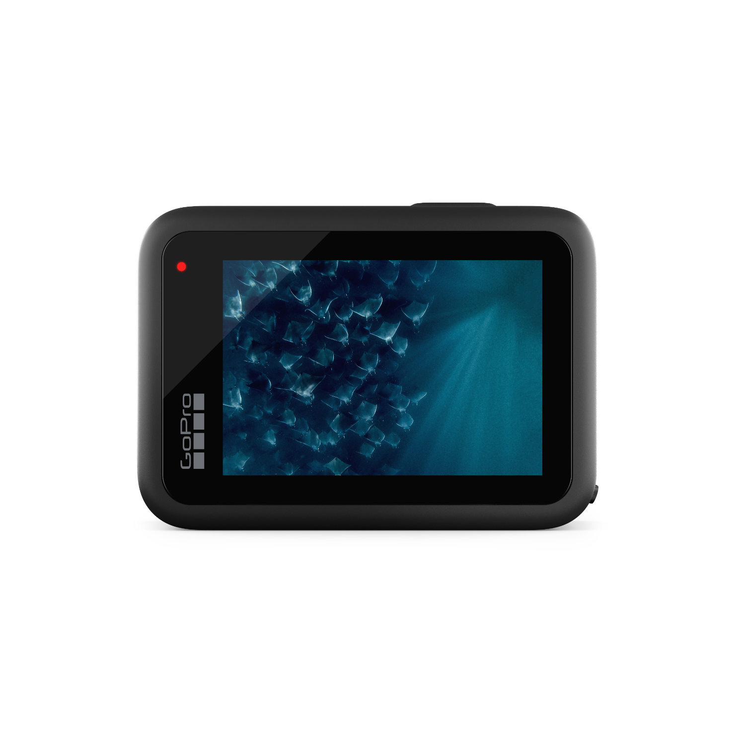 A black GoPro camera with a screen displaying a blue underwater scene.