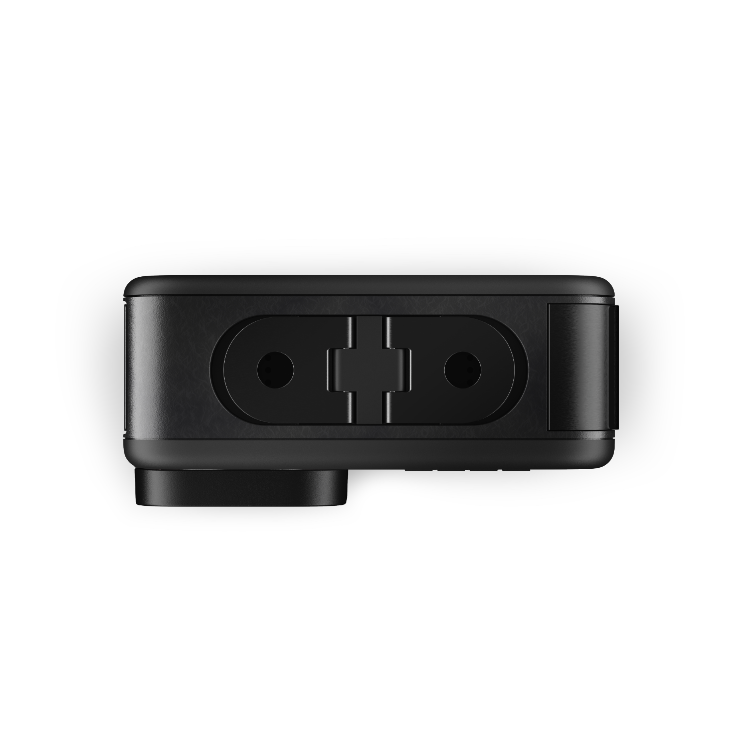 Black device with two holes and a small lens. Top view.