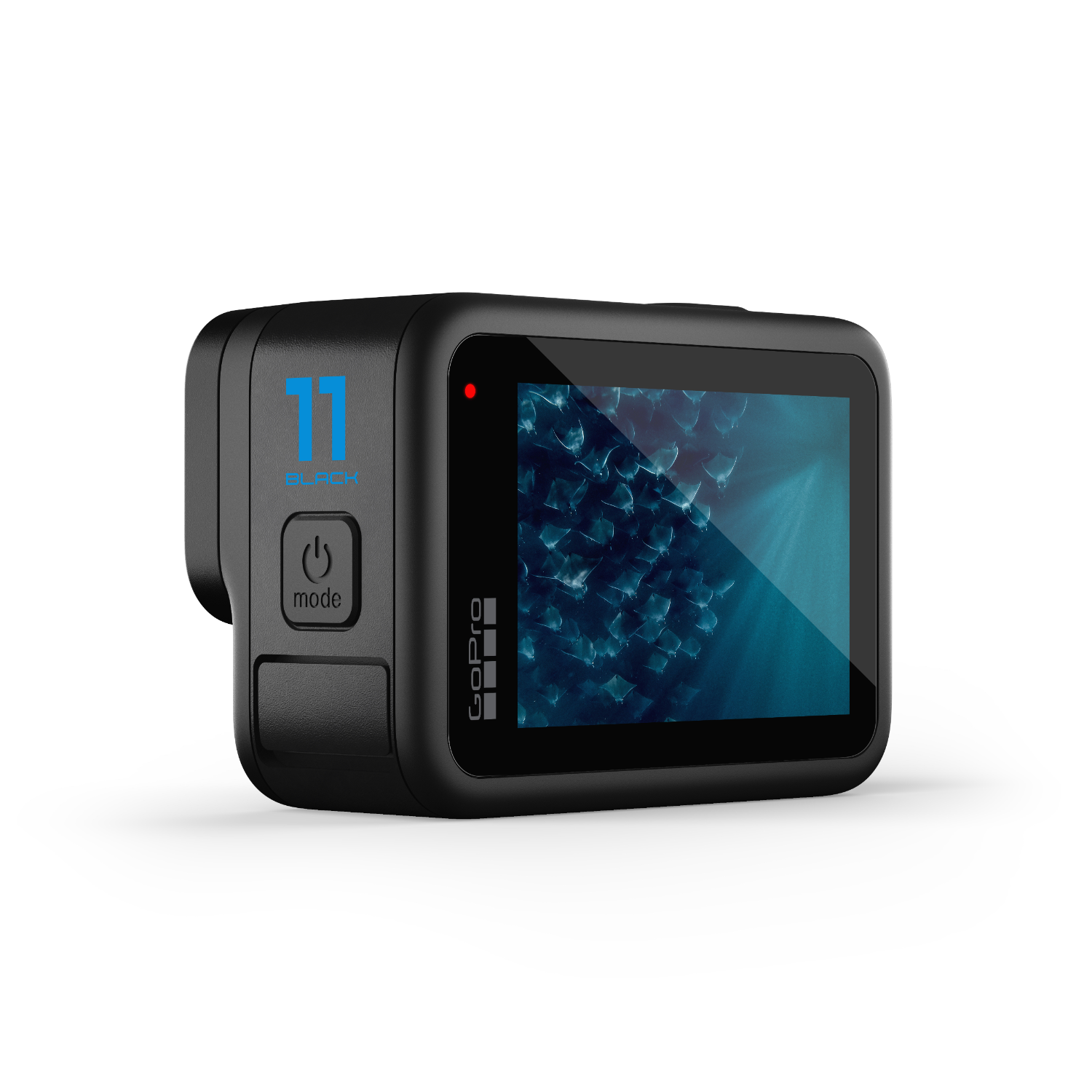 A black GoPro camera with a screen showing a blue underwater scene, on a white background.