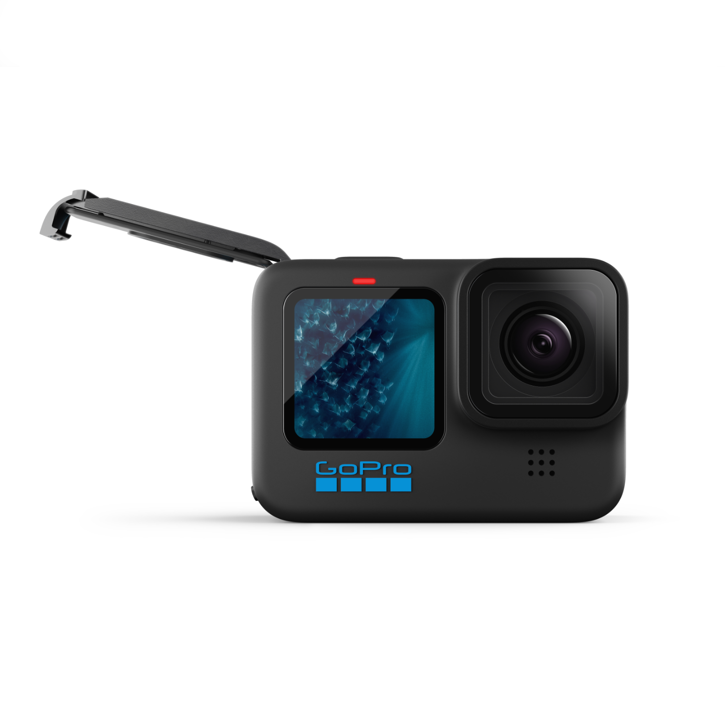 A black GoPro camera with an open door, showing the screen. The GoPro logo is on the front.