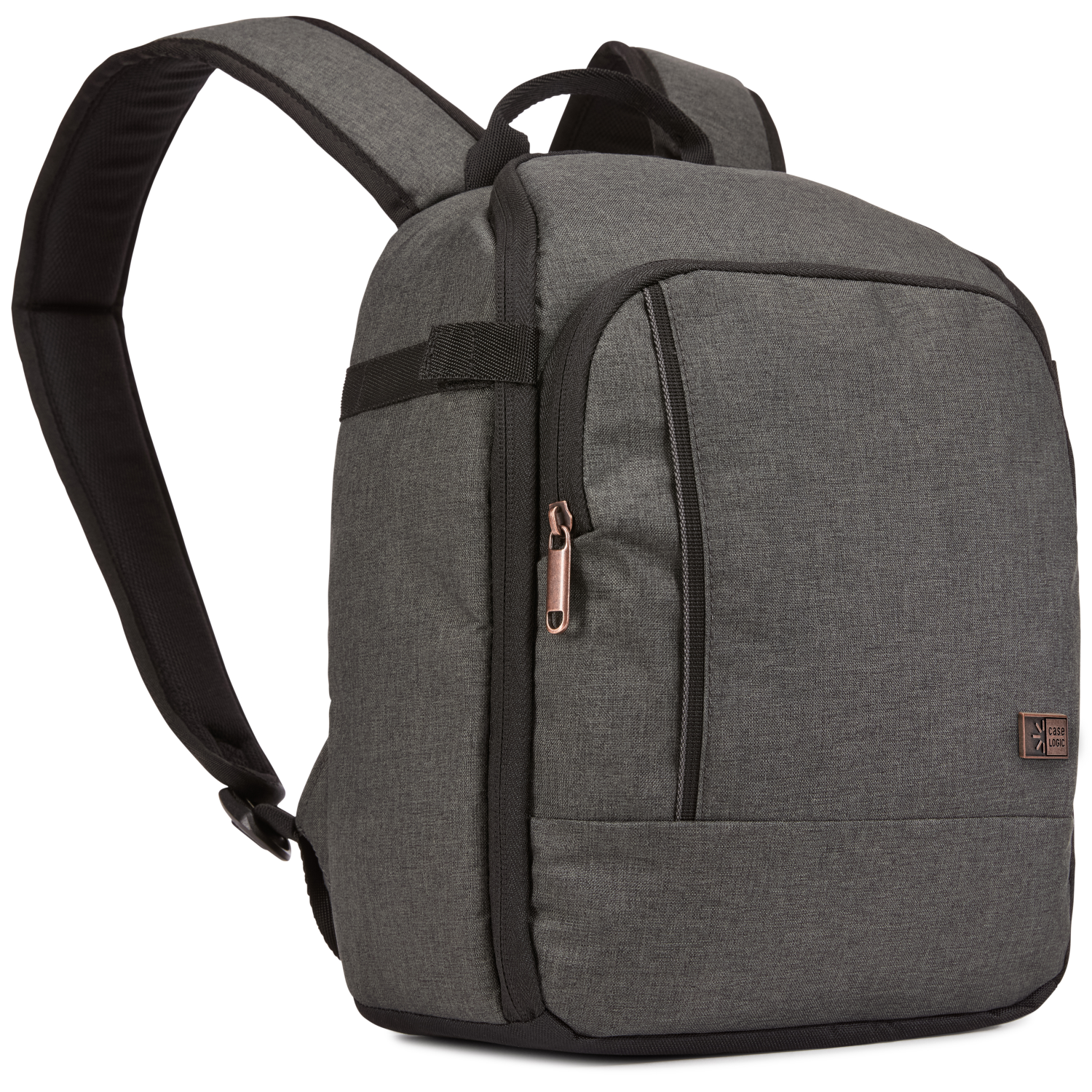 A gray backpack with black straps and a small brown patch.