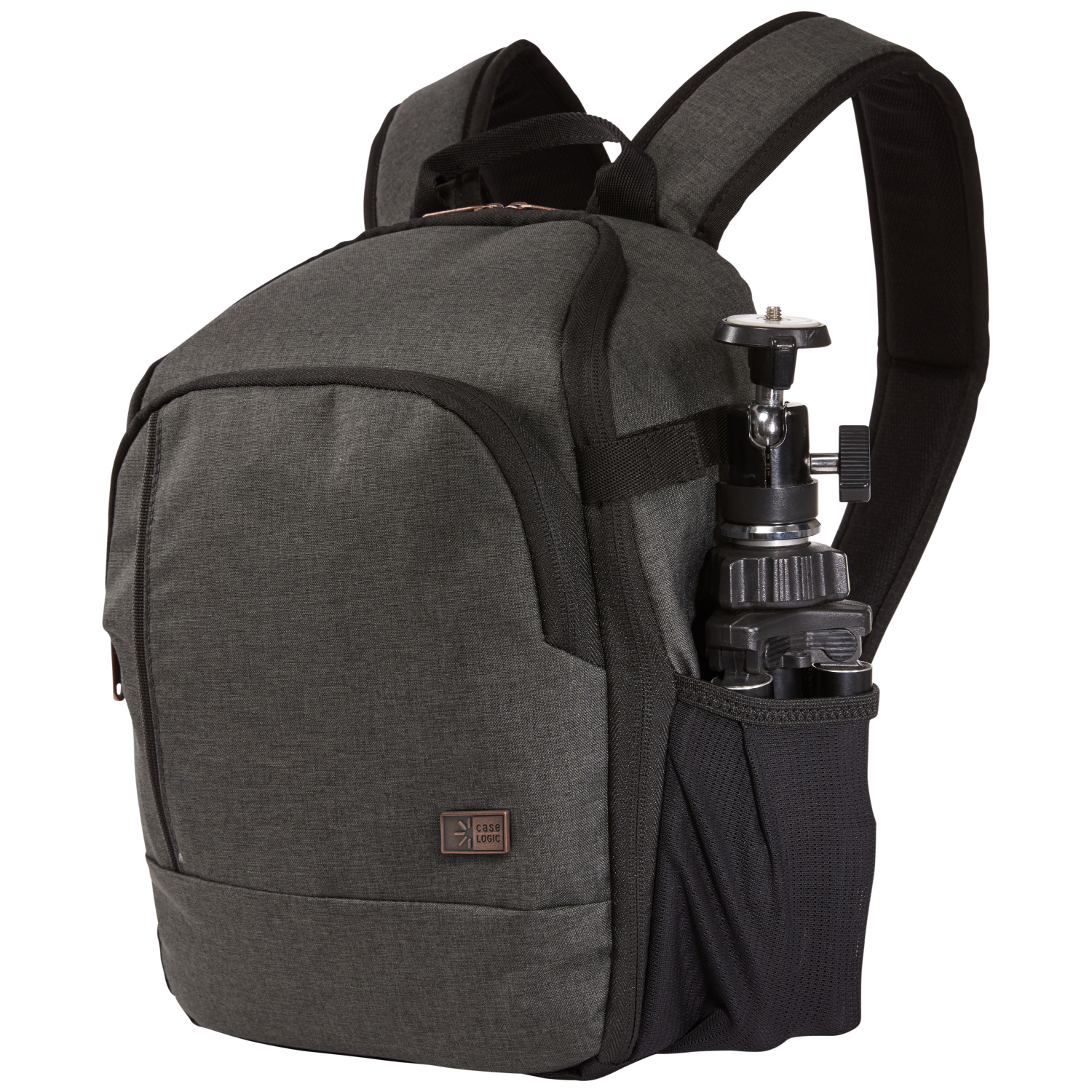 A grey backpack with a tripod in the side pocket. The bag has a Case Logic logo.