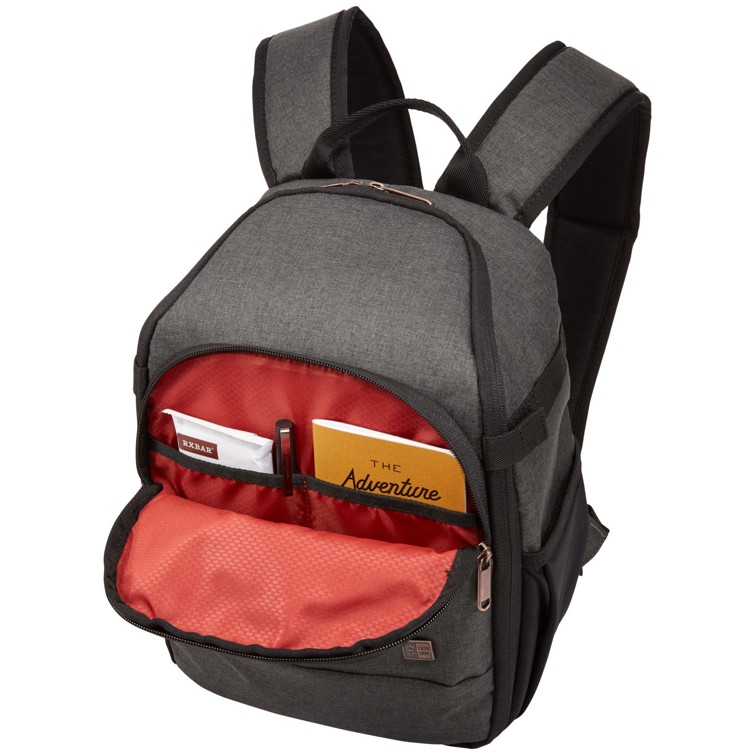 Gray backpack with open front pockets revealing a notebook and snacks.