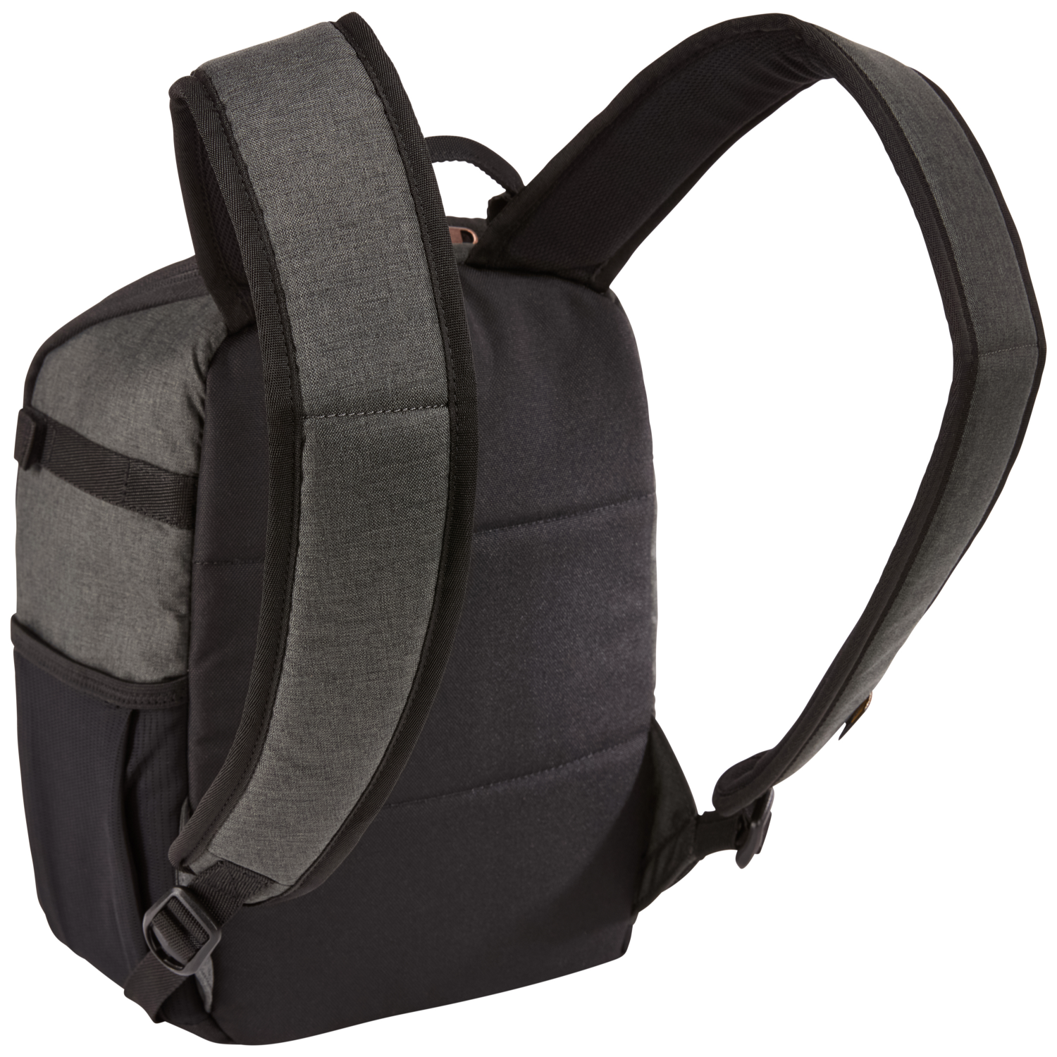 Backpack, gray fabric, black straps, and back panel. Isolated on white.