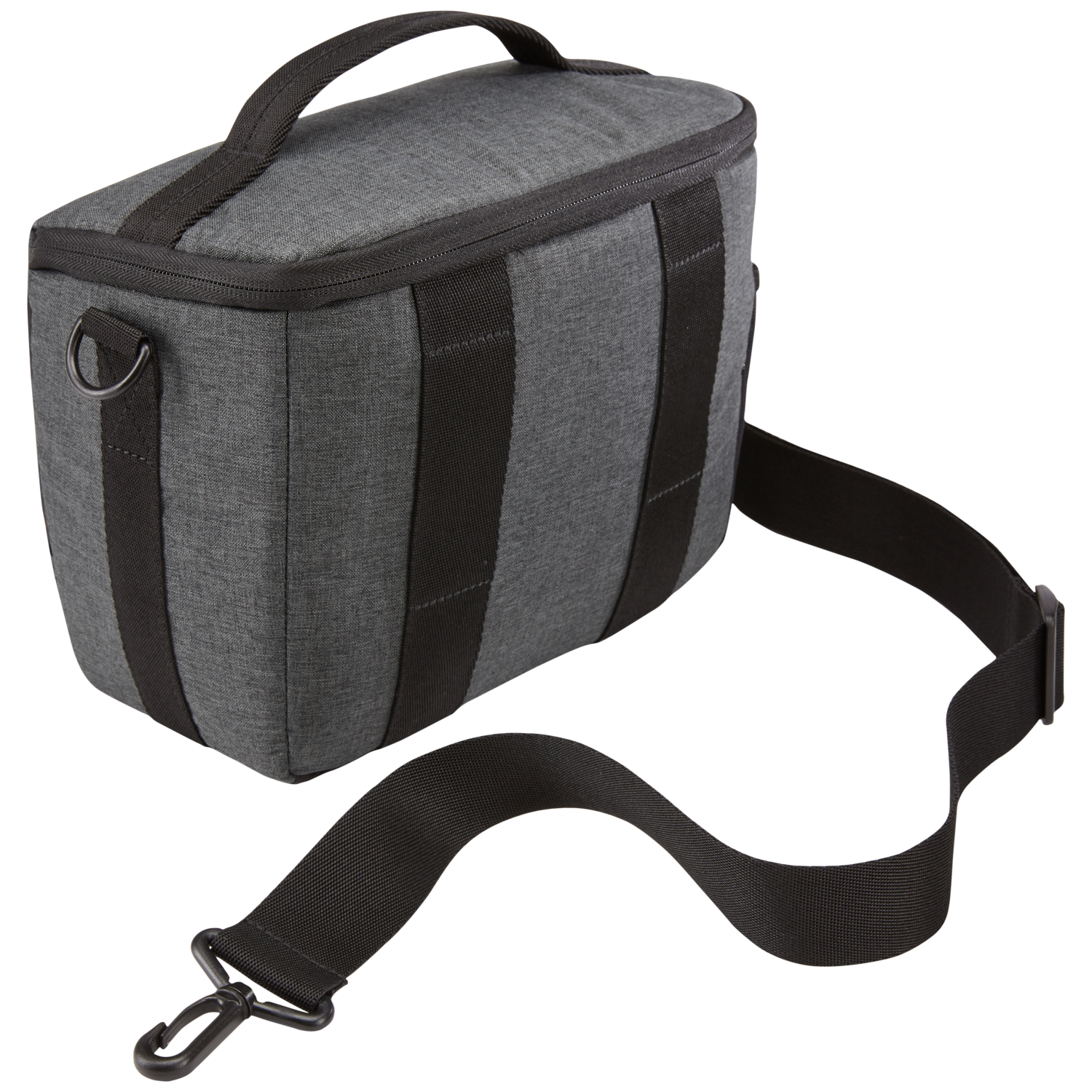 Gray camera bag with black straps and handle. Isolated on white background.