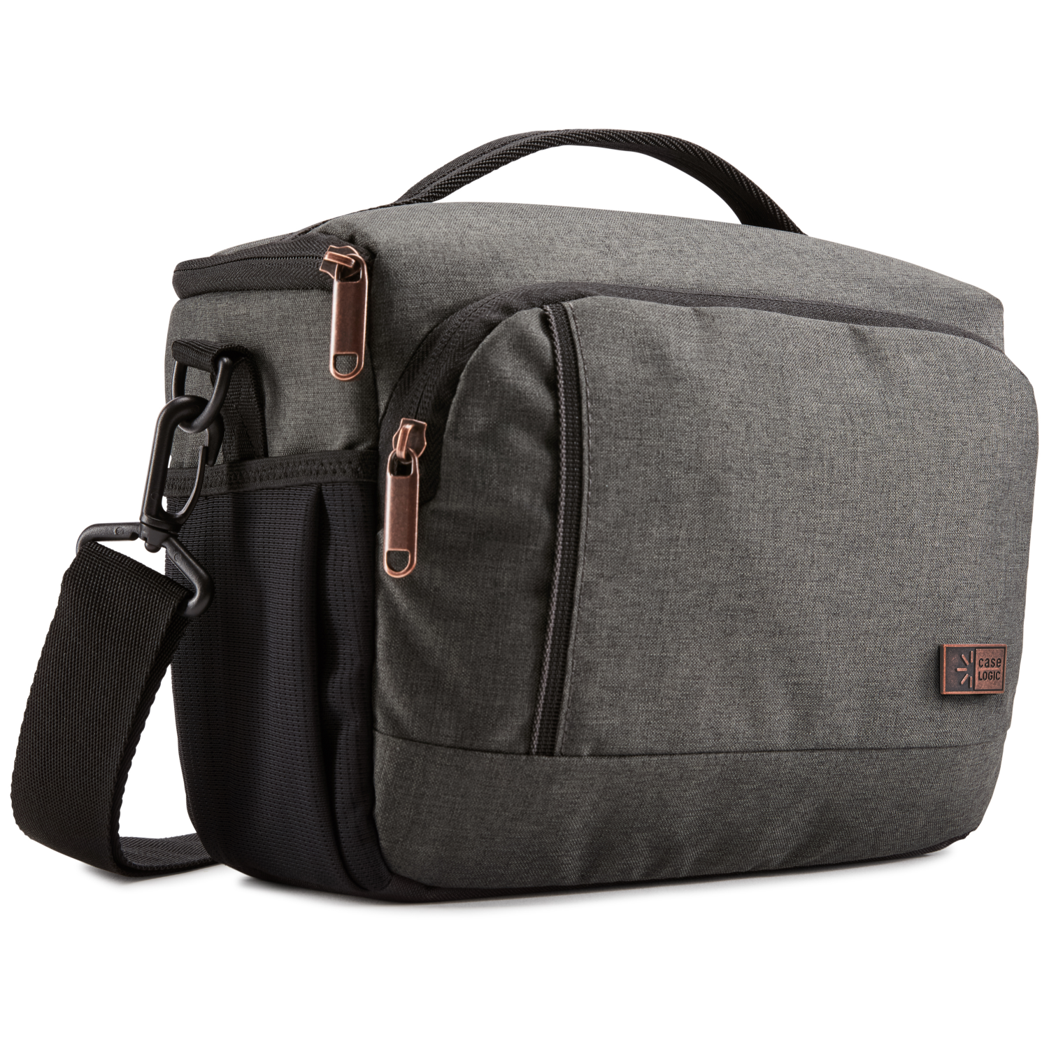 Grey camera bag with two zippers and a carrying strap. 