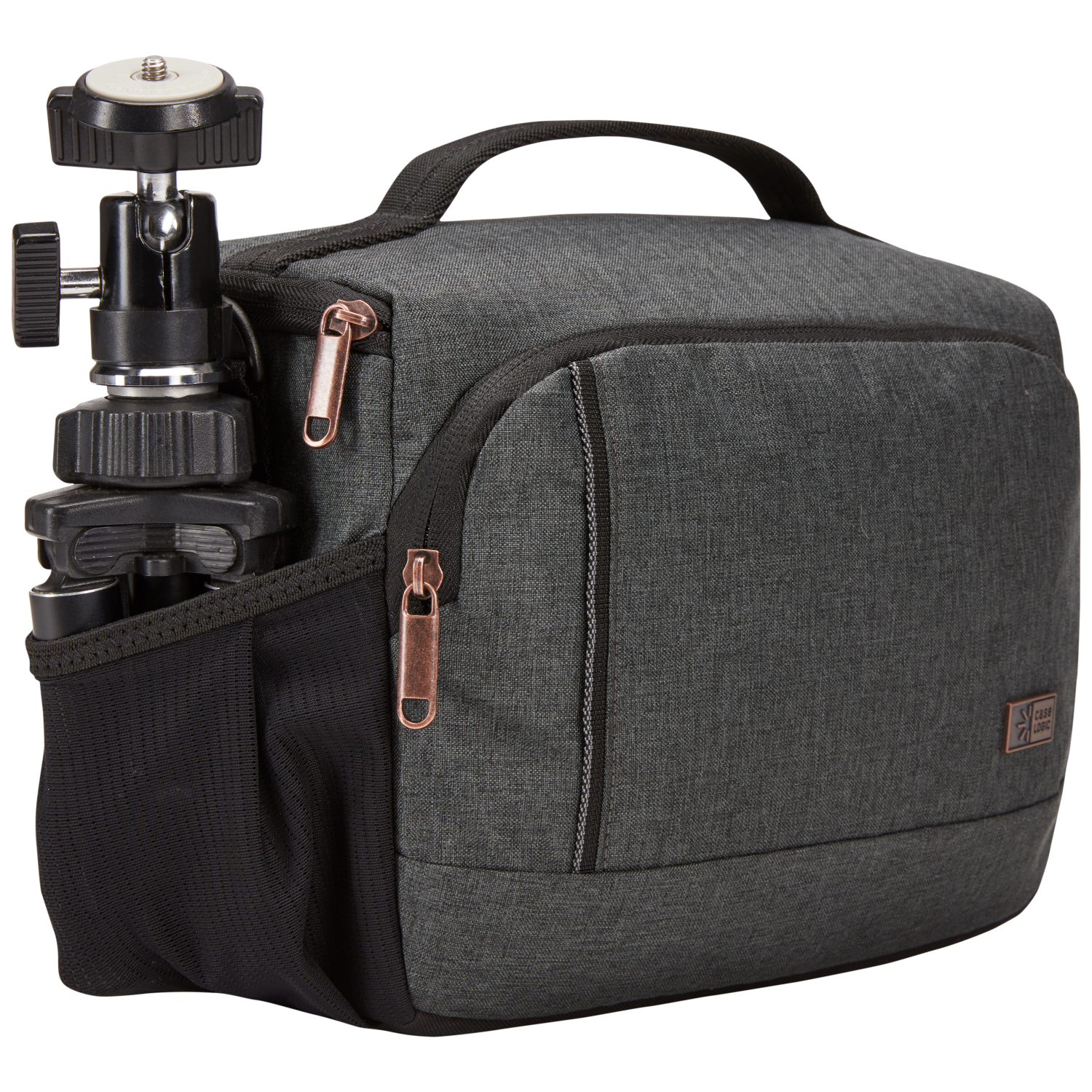 Camera bag with a tripod attached to its side.