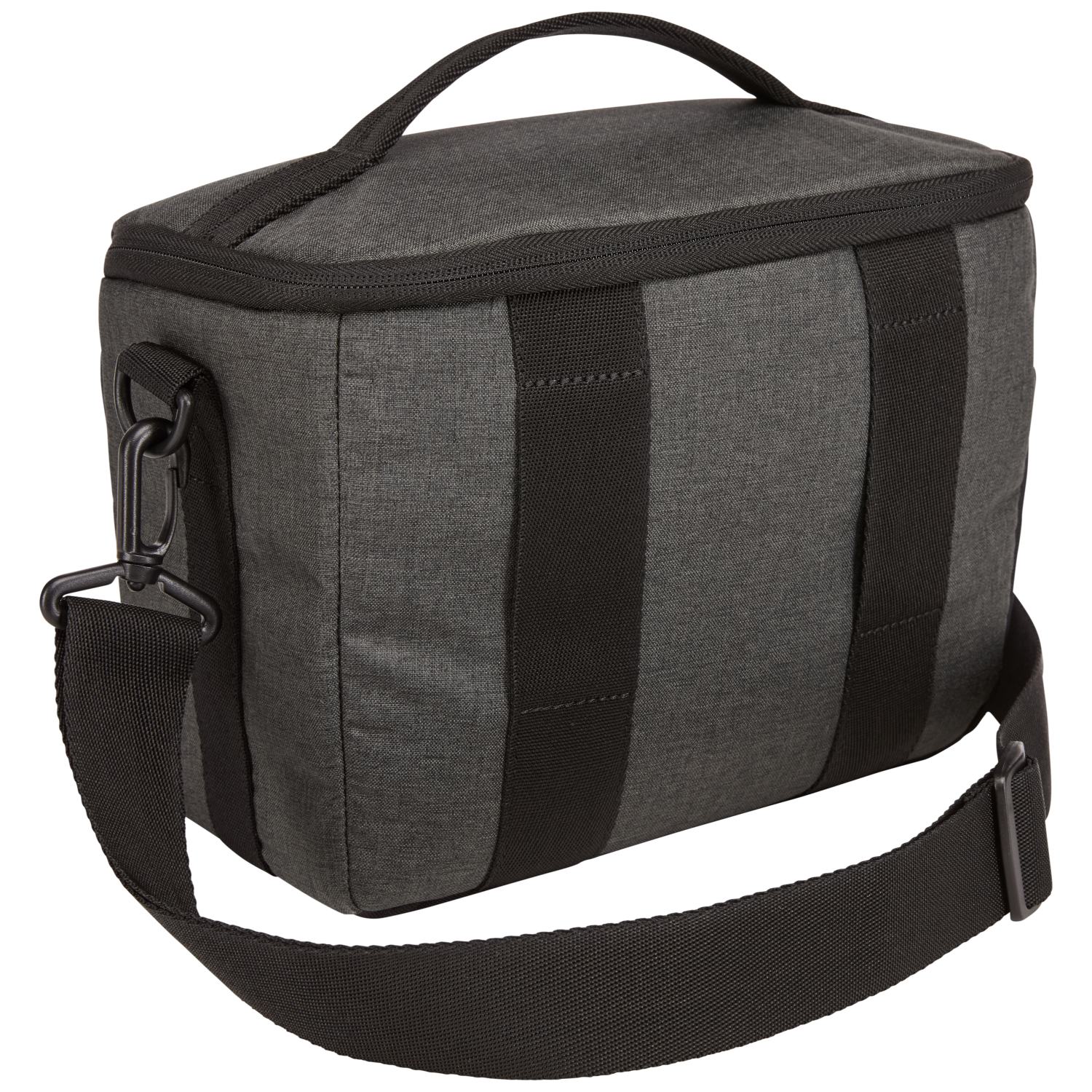 Gray camera bag with a shoulder strap and a handle.