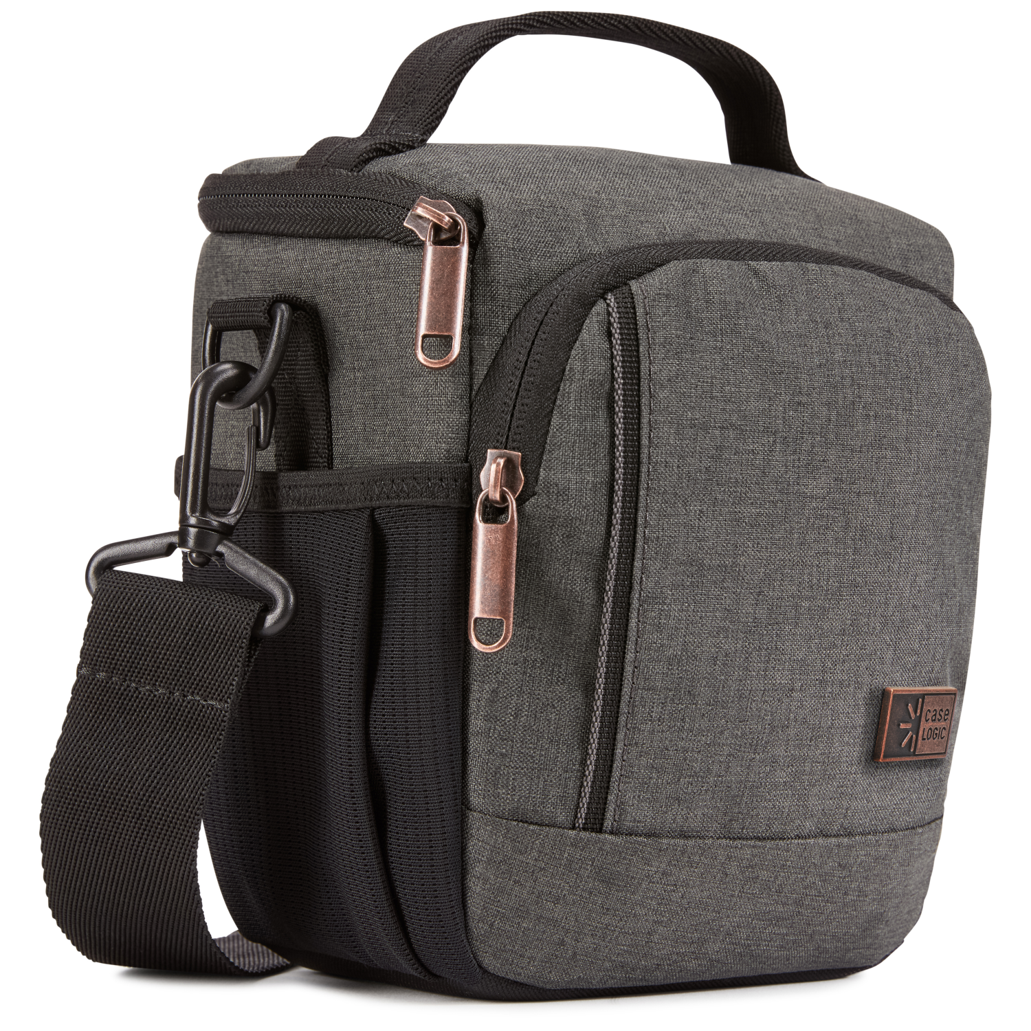 Gray camera bag with black strap and handle. Brown accent, white background.