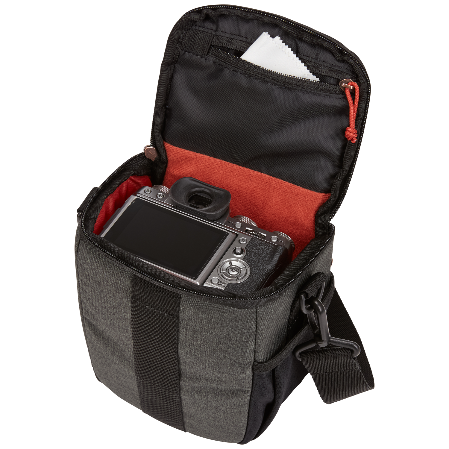 Camera bag, grey with black accents. Camera inside. Open bag with a lens cloth.