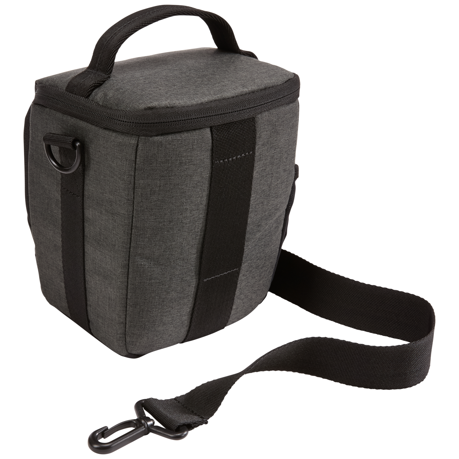 A grey camera bag with a shoulder strap and a handle.