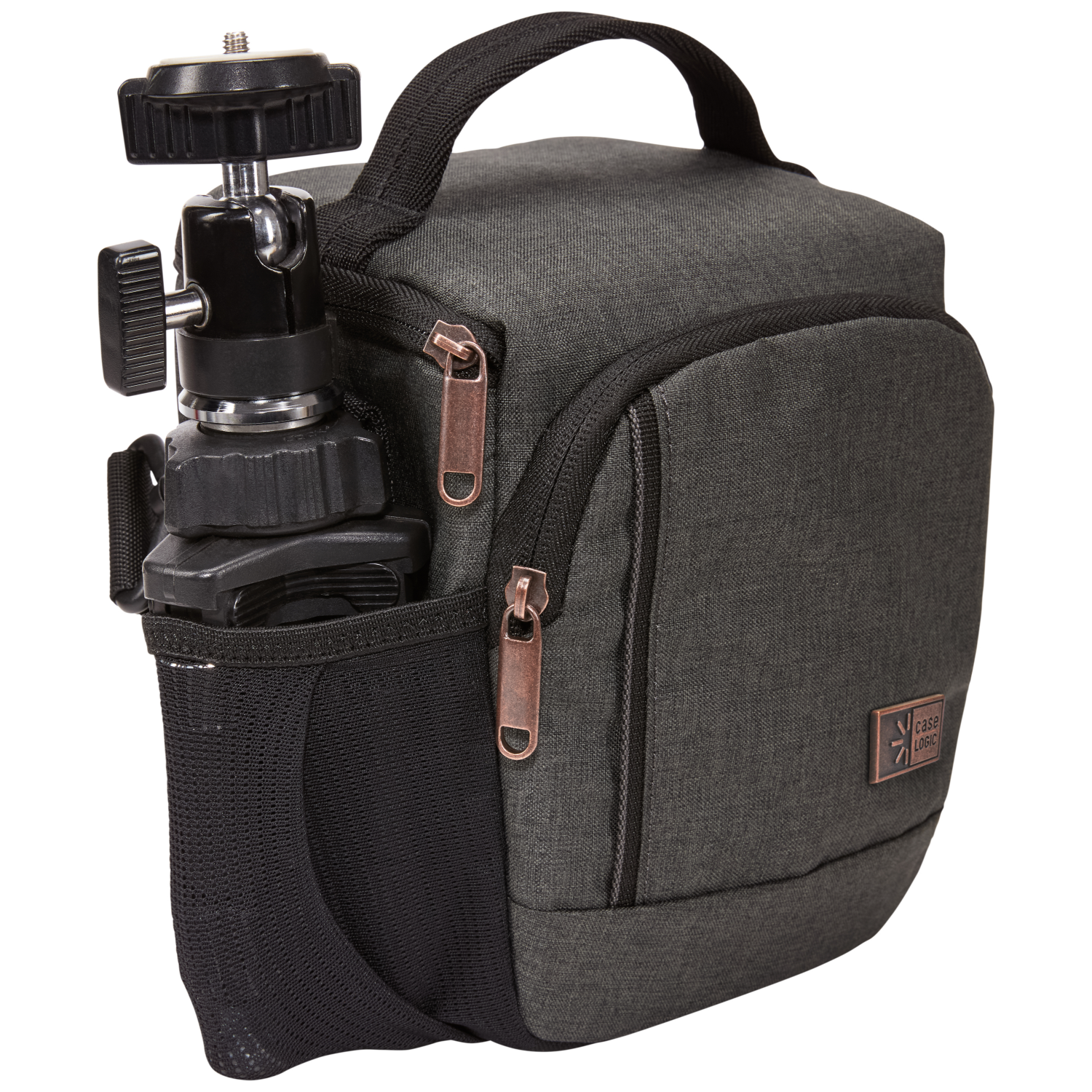 A dark gray camera bag with a tripod attached to the side, on a white background.