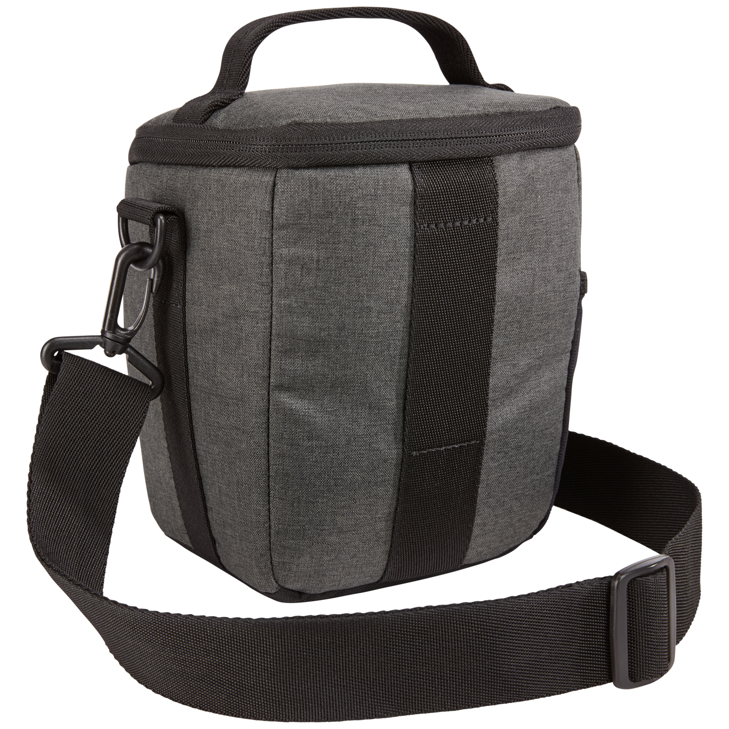 A gray camera bag with a black shoulder strap and handle. It's a rectangular shape.