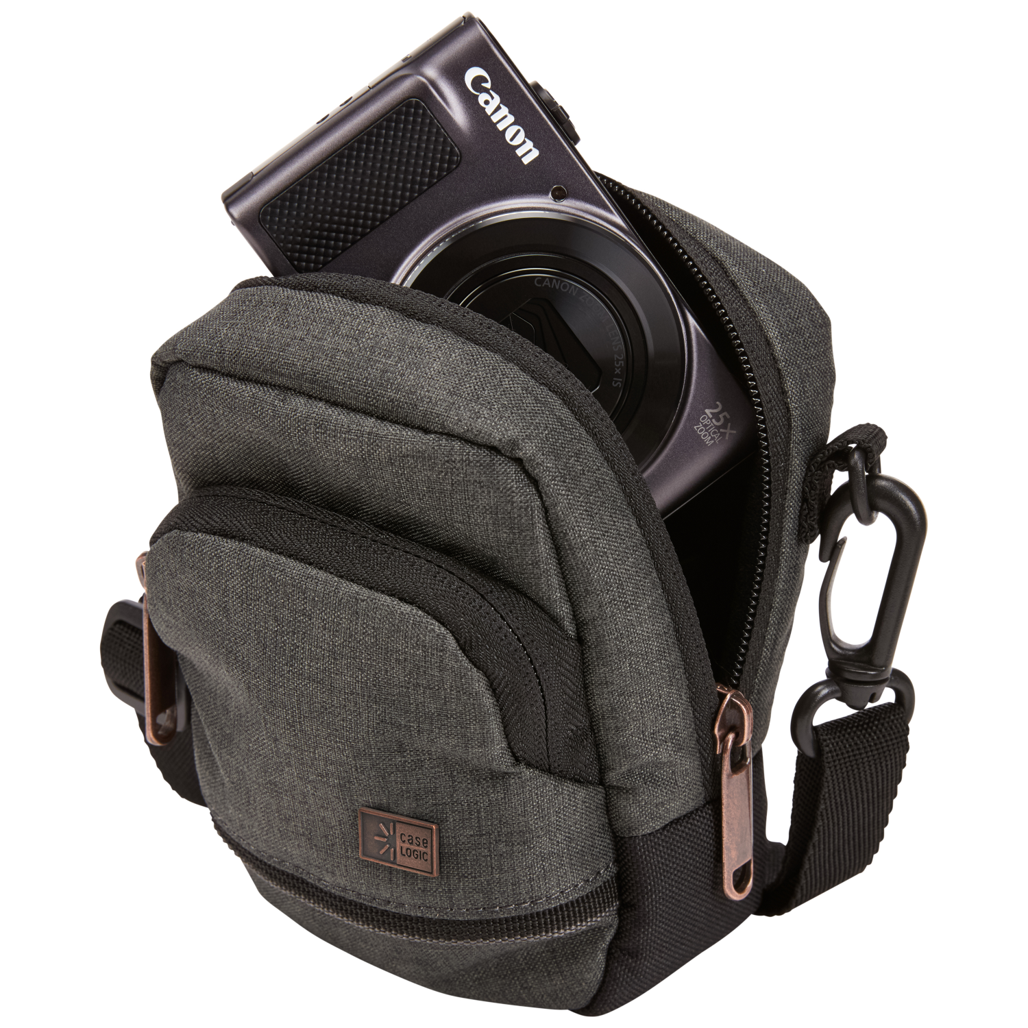 Gray camera bag open with a black camera inside. The bag has a Case Logic logo.