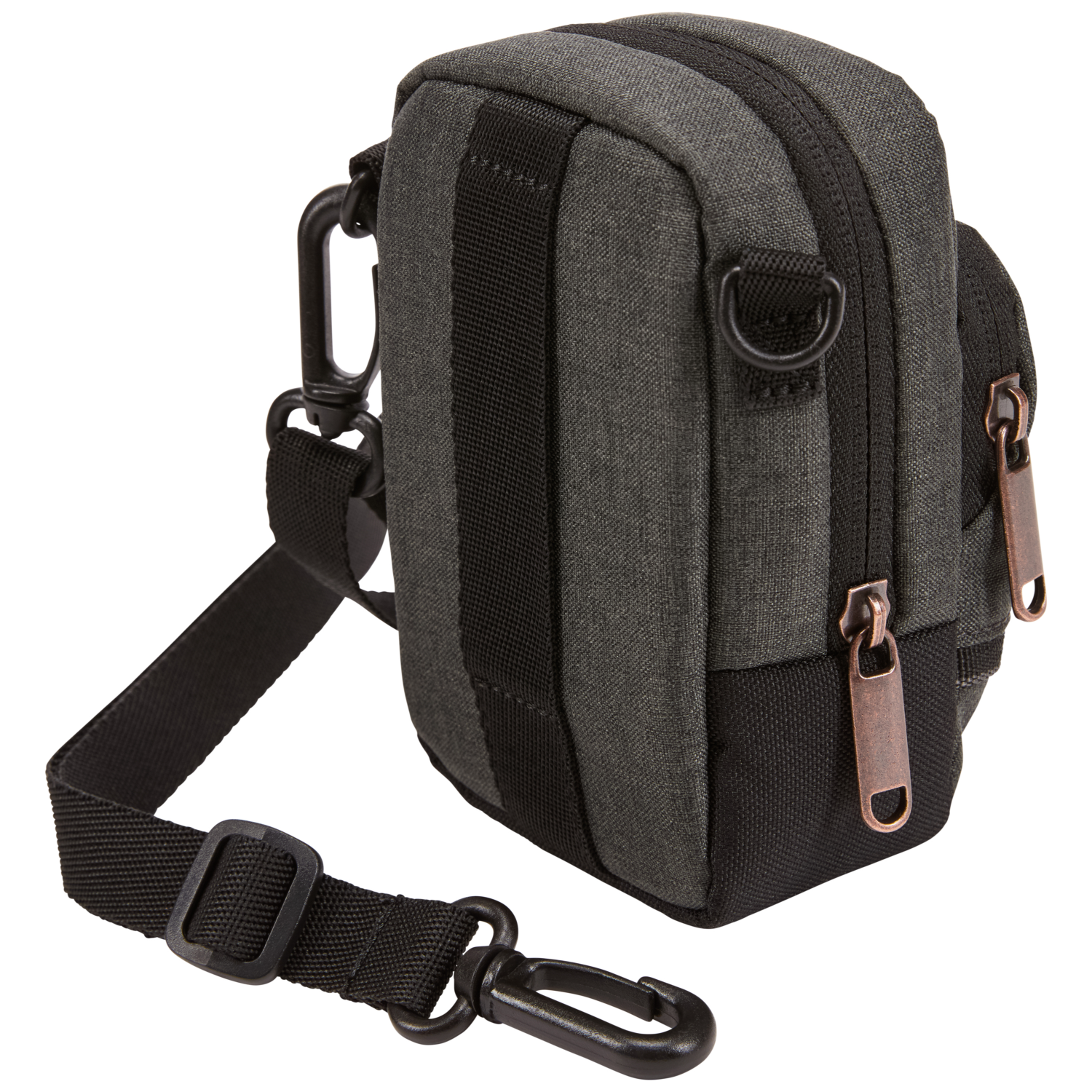 Small gray camera bag with a shoulder strap. Zippers and clips visible.