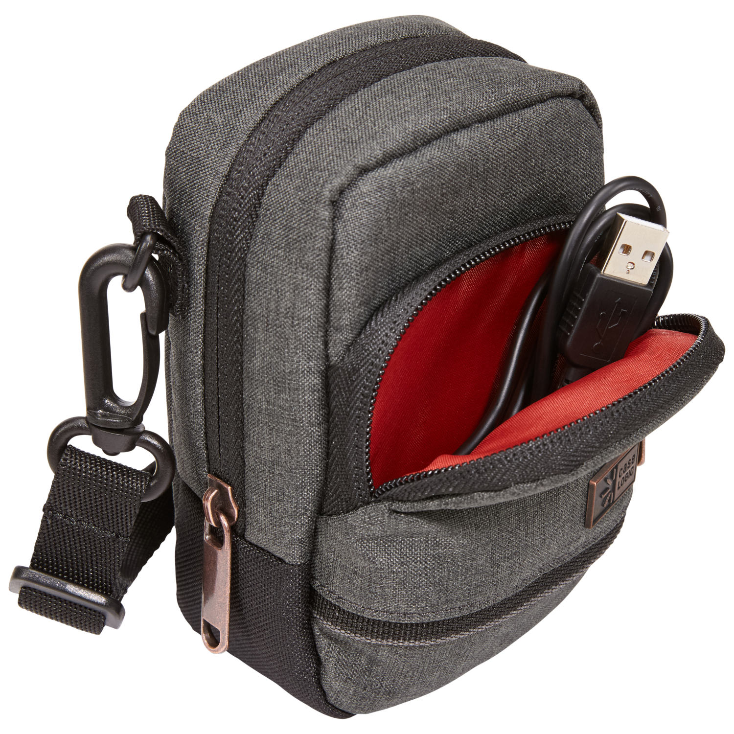 A gray camera bag with a red interior, a black strap, and a USB cable inside.