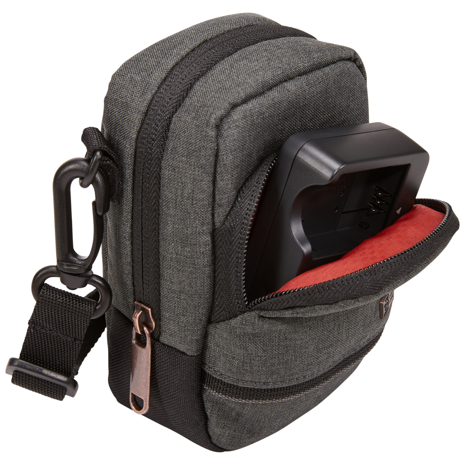 A gray camera bag with a black strap. A charger is in the open pocket, with a red interior.
