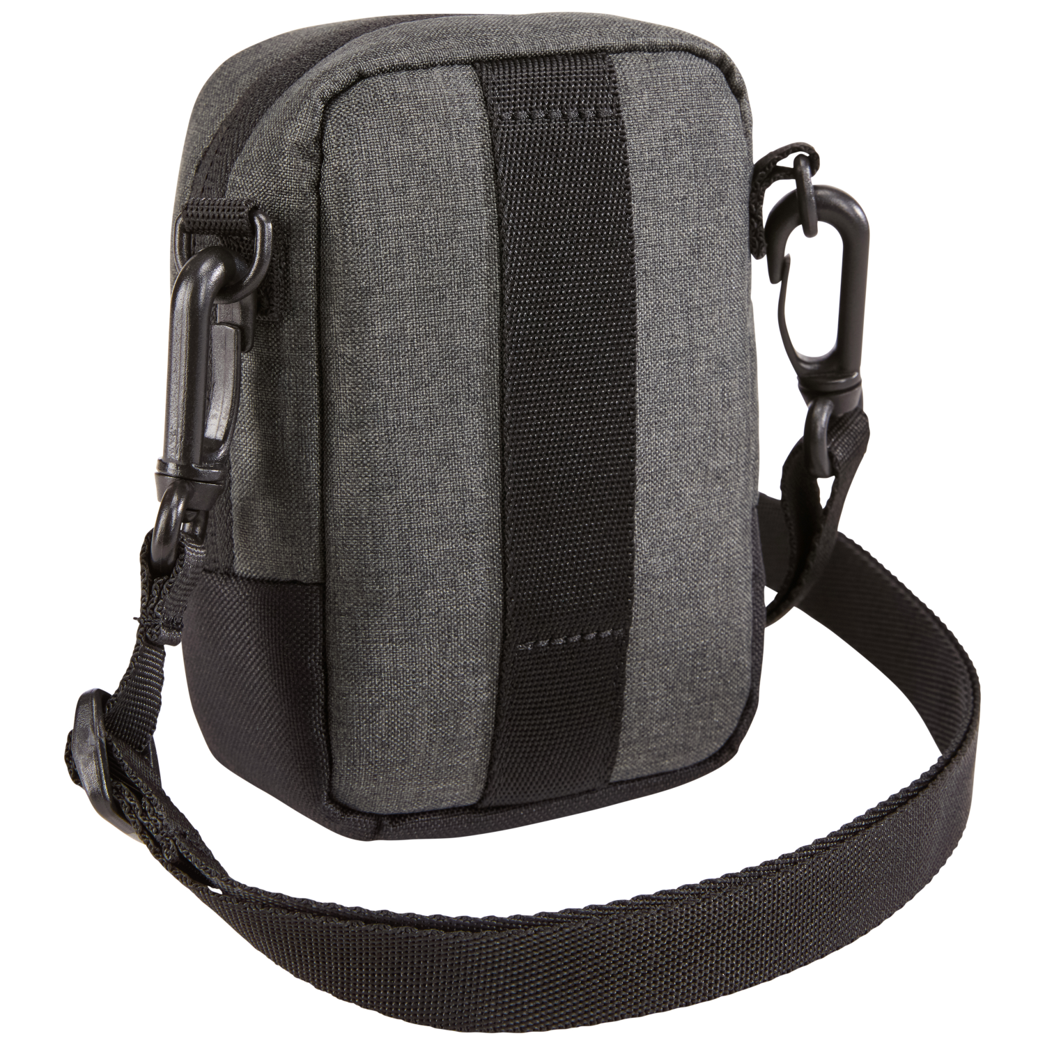 A gray crossbody bag with a black strap and black clips on a white background.