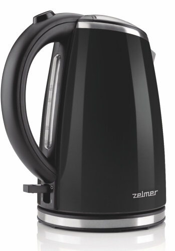 Czarny czajnik elektryczny z zakrzywionym uchwytem, wskaźnikiem poziomu wody i srebrną obwódką.