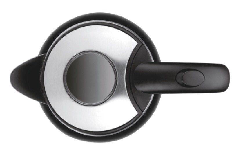 Widok z góry na czarno-srebrny czajnik elektryczny z uchwytem i przyciskiem.