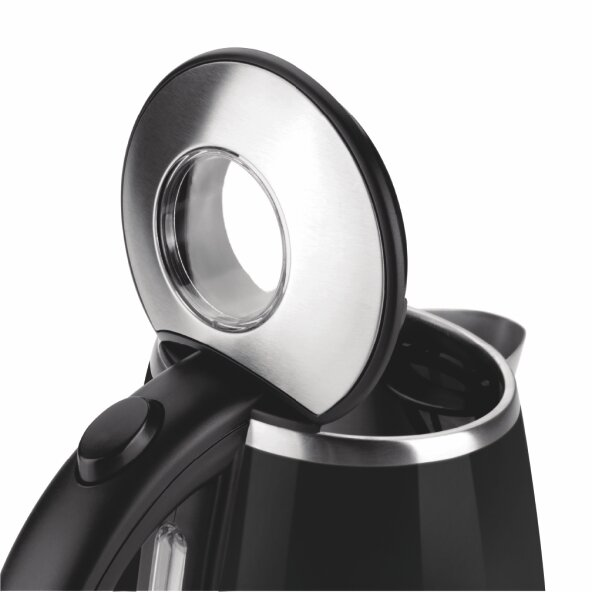 Czarny czajnik z otwartą pokrywą. Błyszczące srebrne wykończenia i detale pokrywy.