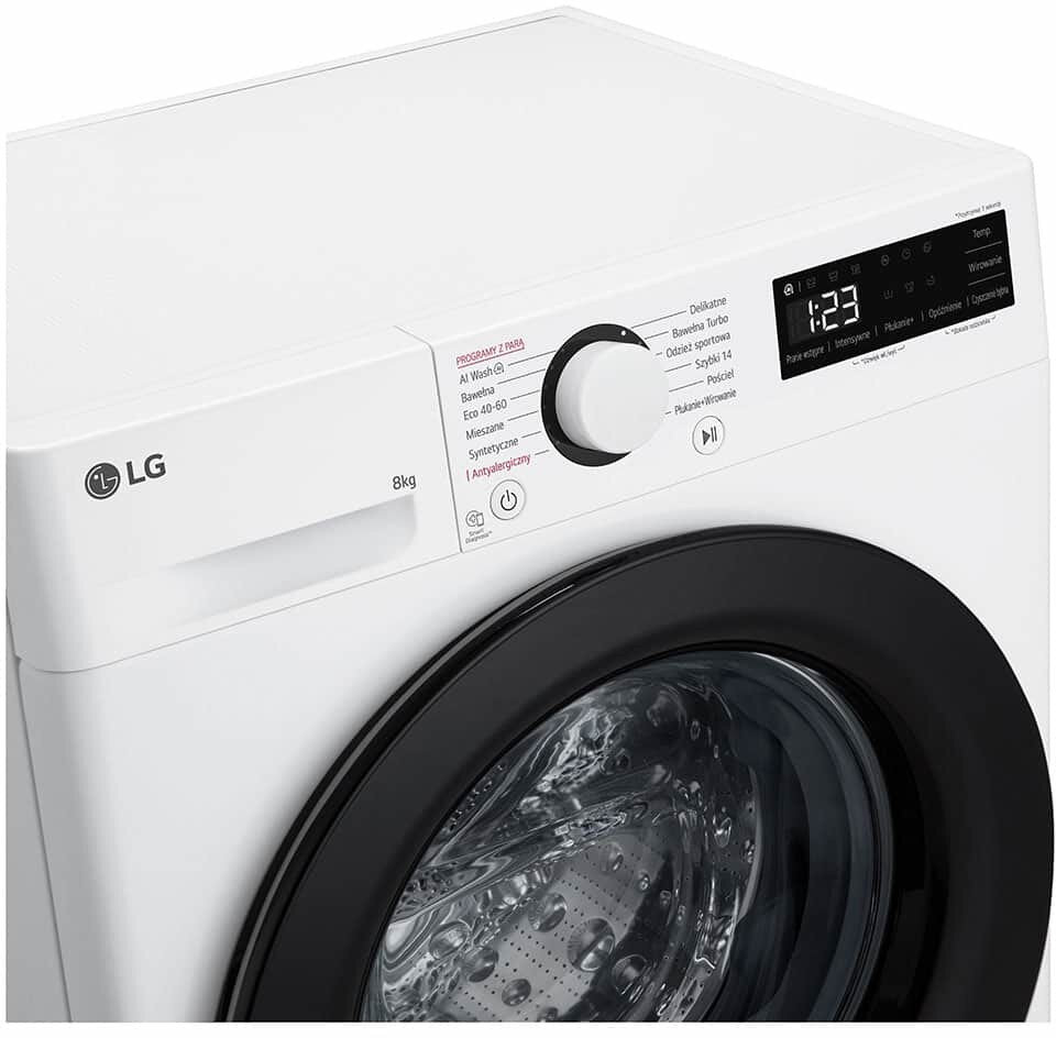 Biała pralka z czarnymi drzwiami i panelem sterowania.