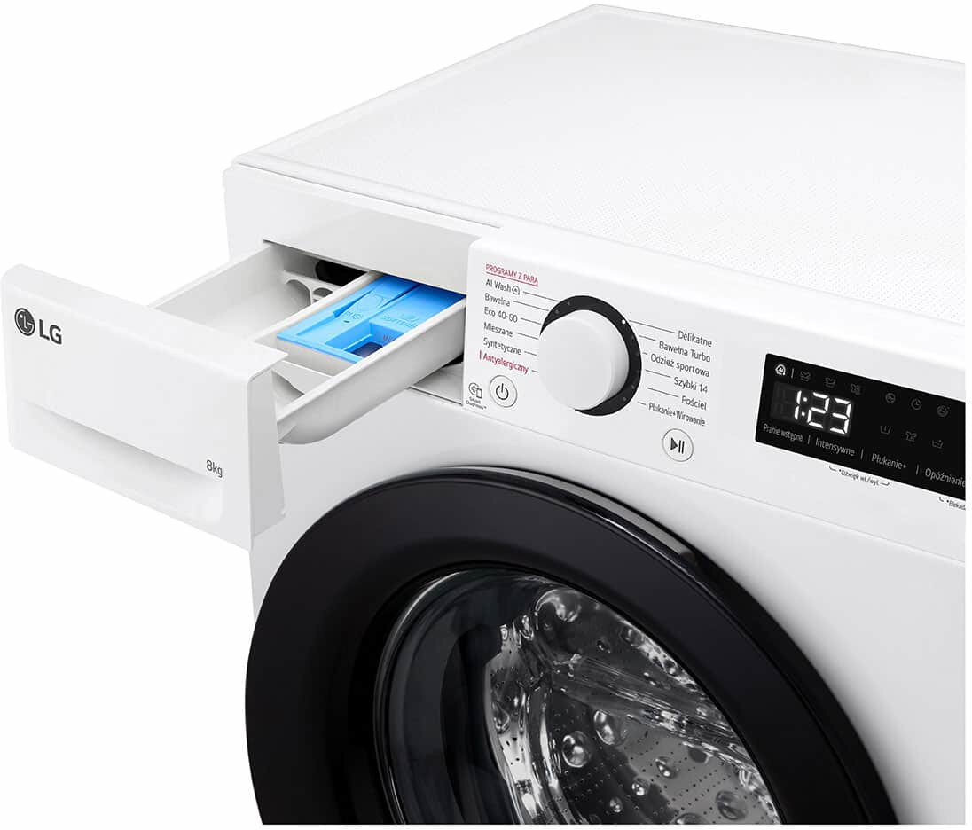 Szuflada pralki jest otwarta, pokazując niebieską komorę na detergent.