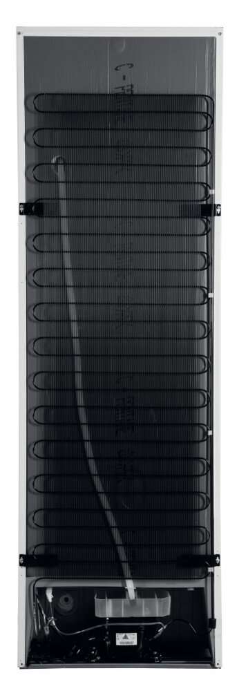 Widok z tyłu lodówki z czarnymi cewkami. Biała rama, czarne cewki i biała rura.