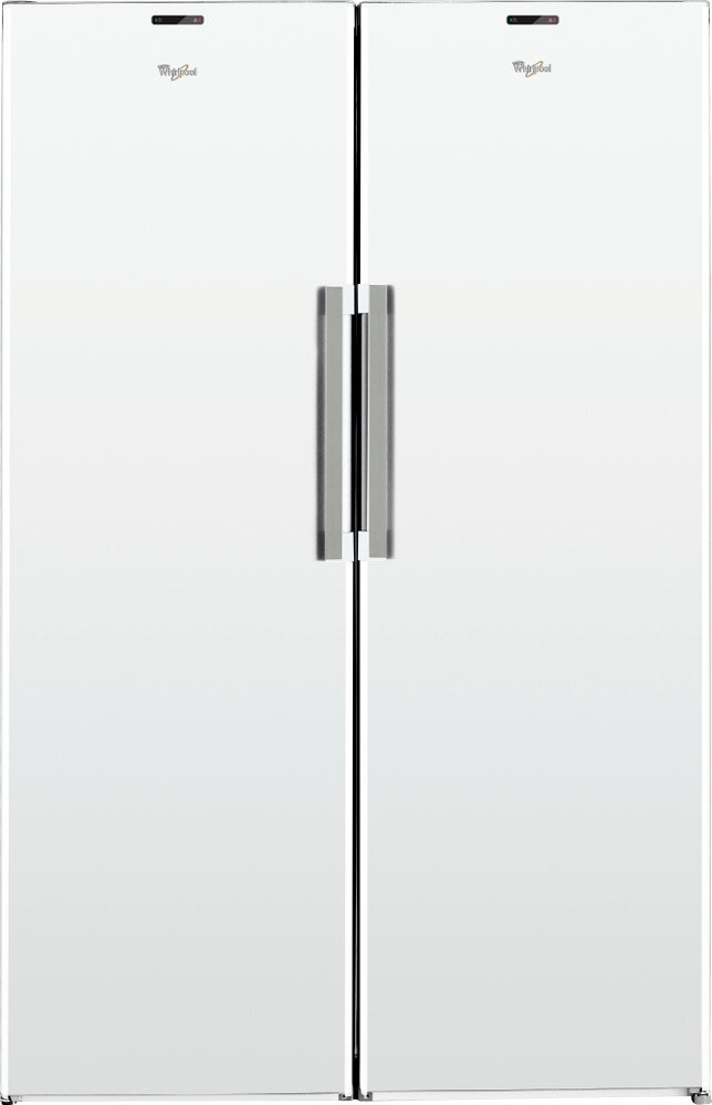 Biała lodówka z podwójnymi drzwiami i srebrną klamką. Drzwi są zamknięte i czyste.