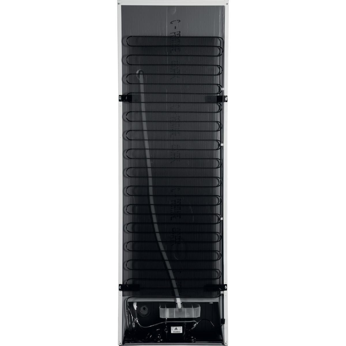 Tył lodówki z czarnymi cewkami i białą ramą, widoczny kompresor.