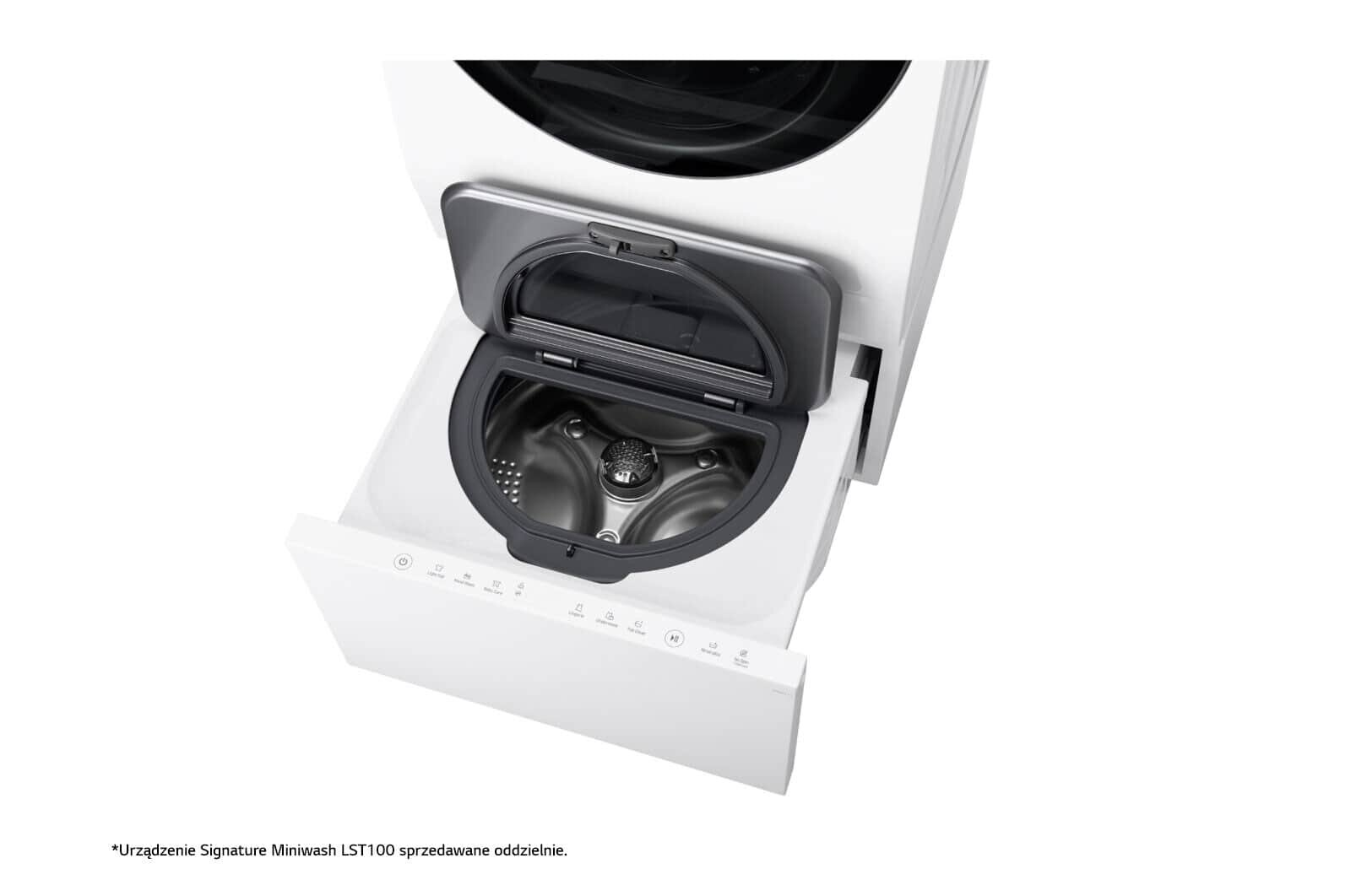 Otwarta biała pralka z małą, otwartą, czarną komorą i bębnem ze stali nierdzewnej.