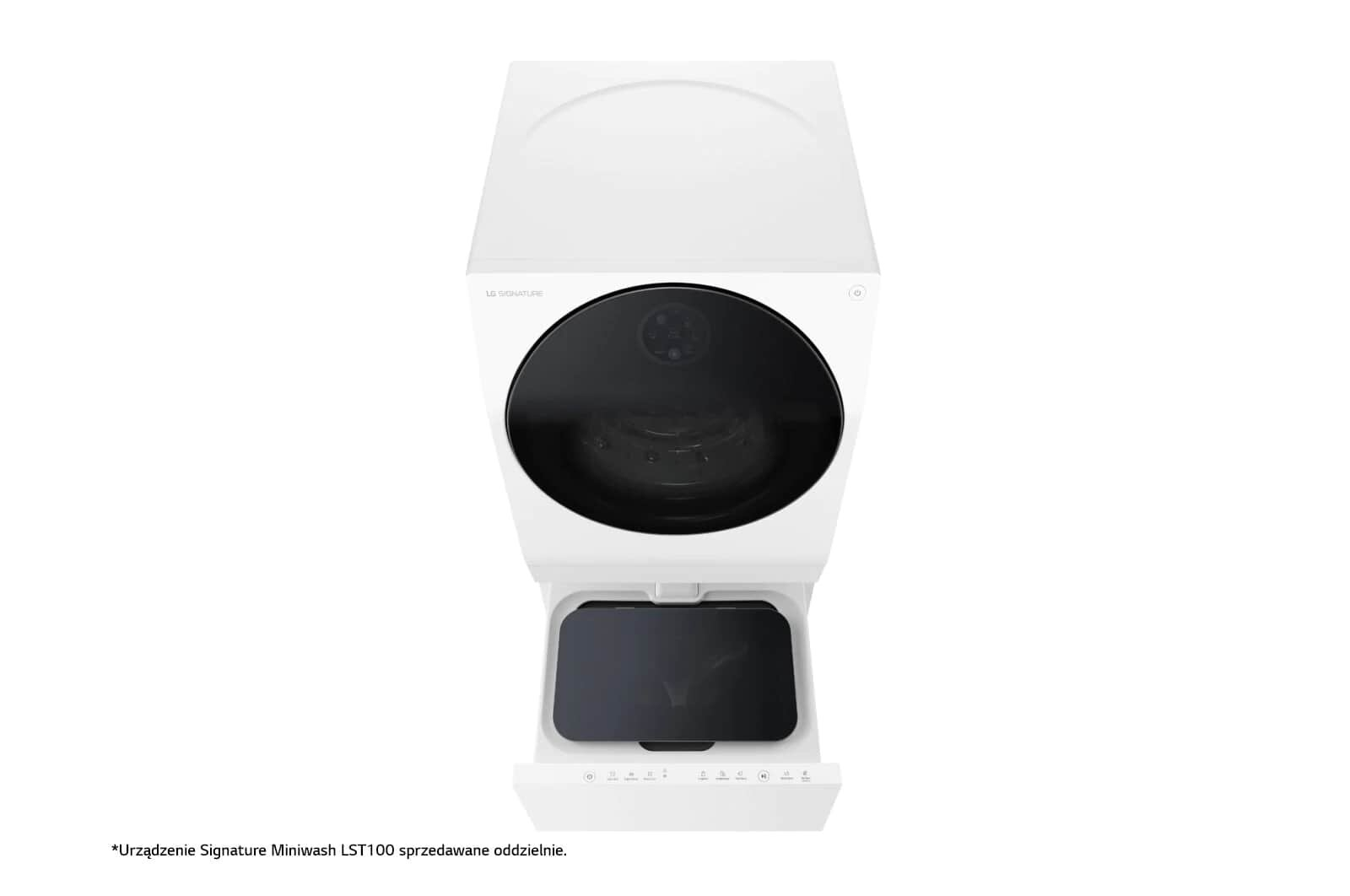 Widok z góry na białą pralkę z czarnymi drzwiami i wysuwaną szufladą. Widoczne LG Signature.