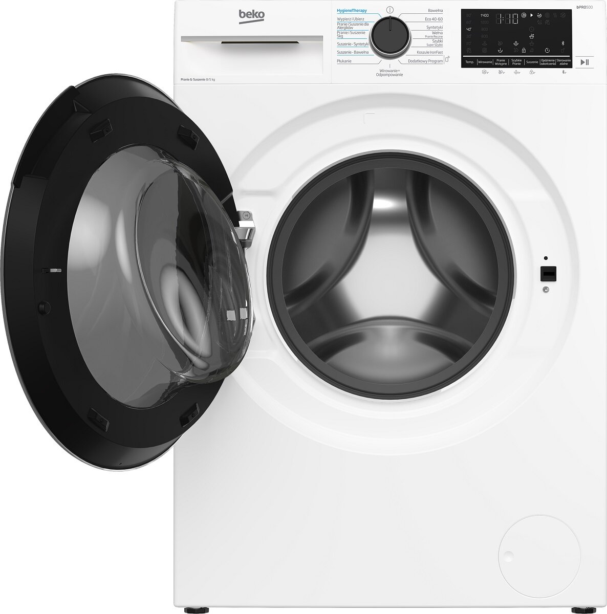 Biała pralka z otwartymi drzwiami, pokazująca bęben. Widoczne logo Beko.