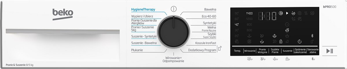 Panel sterowania pralki z ustawieniami cykli prania i wyświetlaczem cyfrowym.