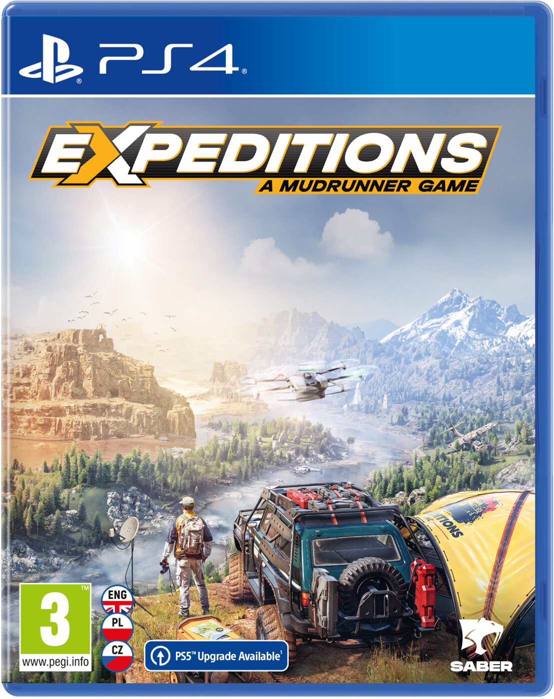 Okładka Expeditions: A Mudrunner Game PS4. Pojazd na wzgórzu, góry w tle. Śnieg.