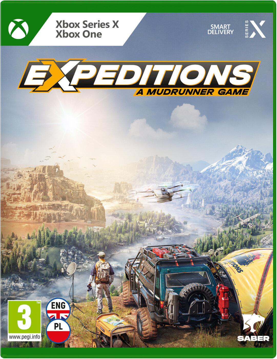 Pudełko z grą: Expeditions, gra Mudrunner. Scena przedstawia ciężarówkę, namioty, krajobraz górski i drona.