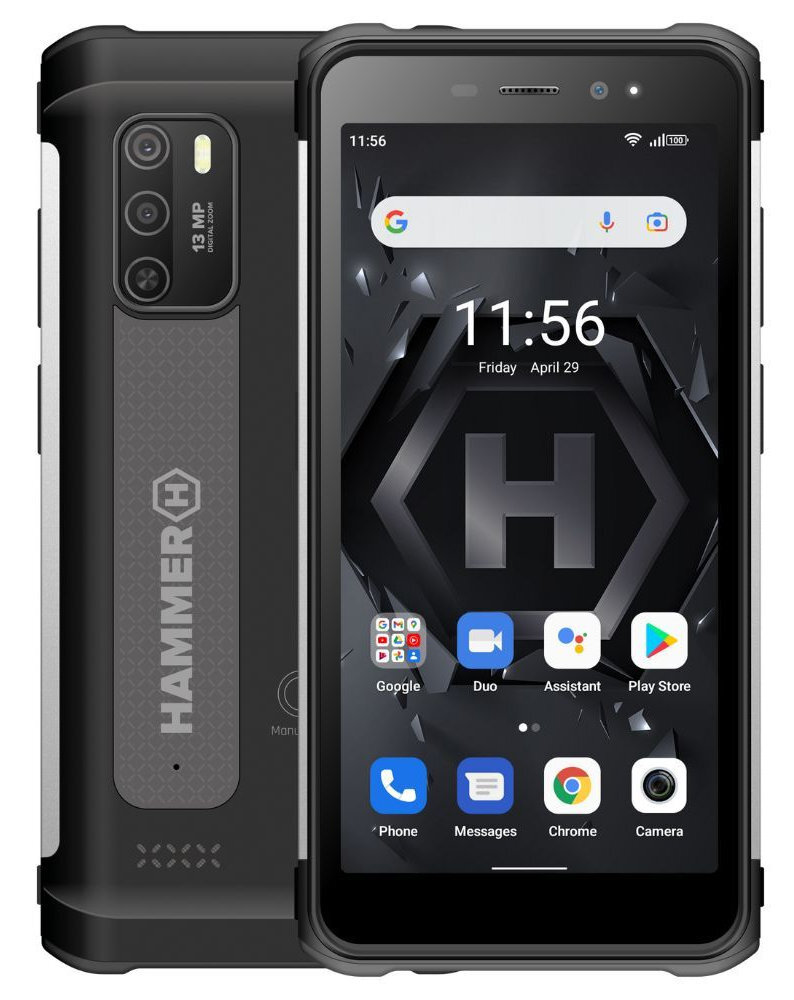 Czarny i szary wytrzymały smartfon. Ekran wyświetla czas i ikony.