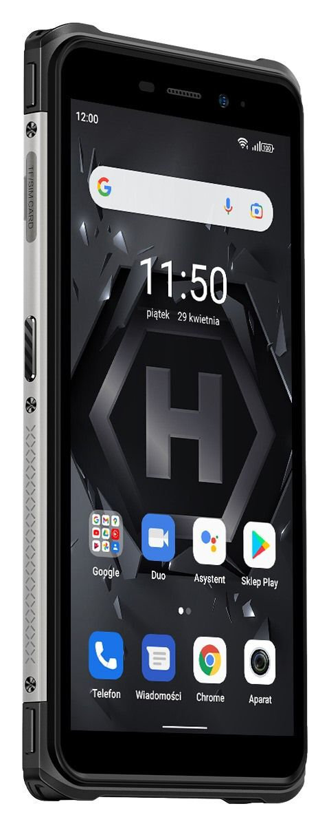 Wytrzymały smartfon, widok pod kątem, pokazujący ekran z aplikacjami i interfejsem.