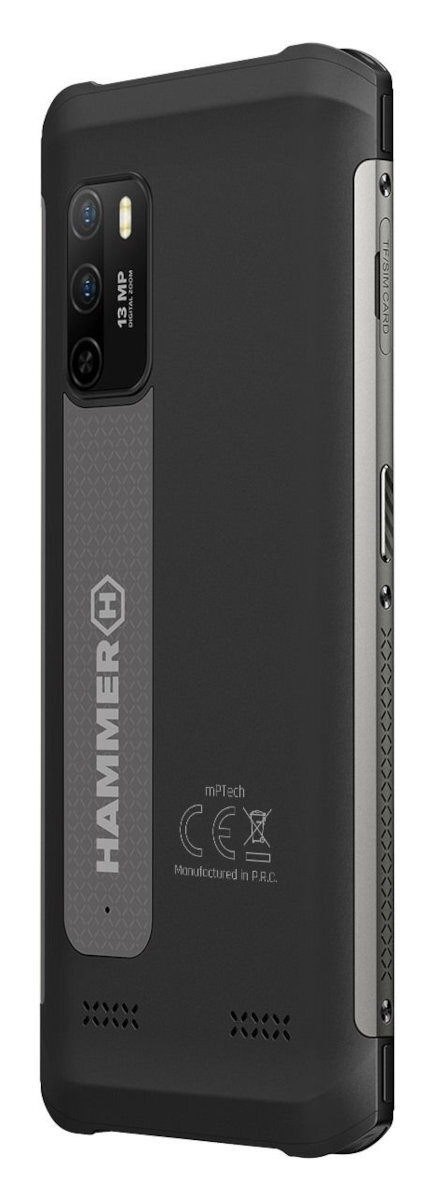 Czarny, wytrzymały smartfon z wieloma aparatami i marką Hammer H.