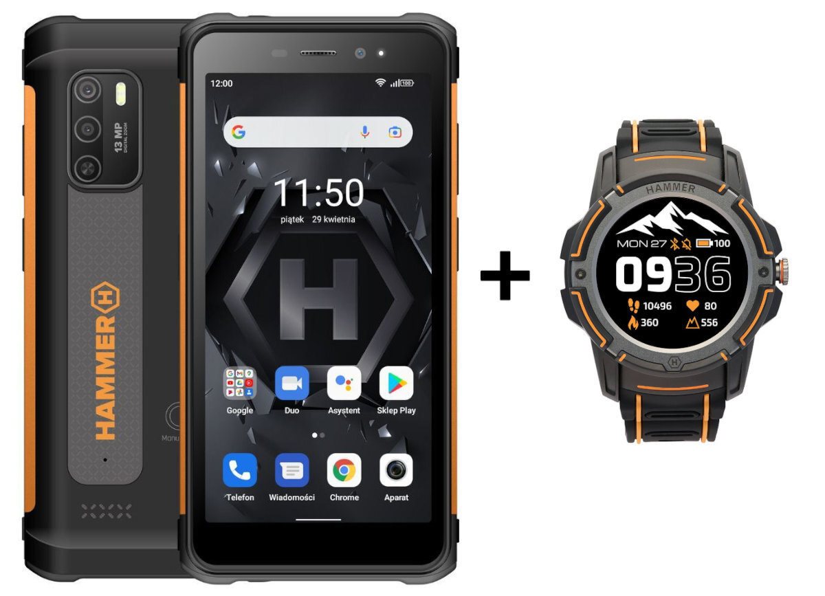 Czarny smartfon z pomarańczowymi akcentami, smartwatch i białe tło.
