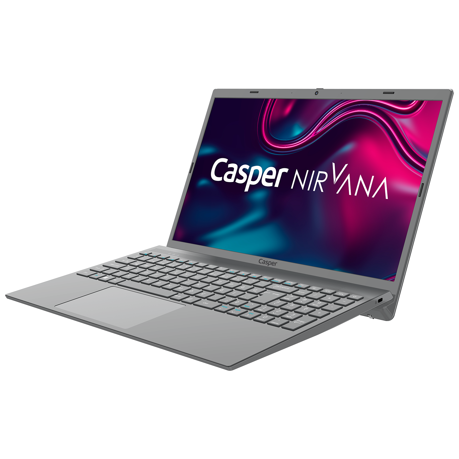Casper Nirvana dizüstü bilgisayar siyah arka planda. Ekran logo gösteriyor. Gri kasa.