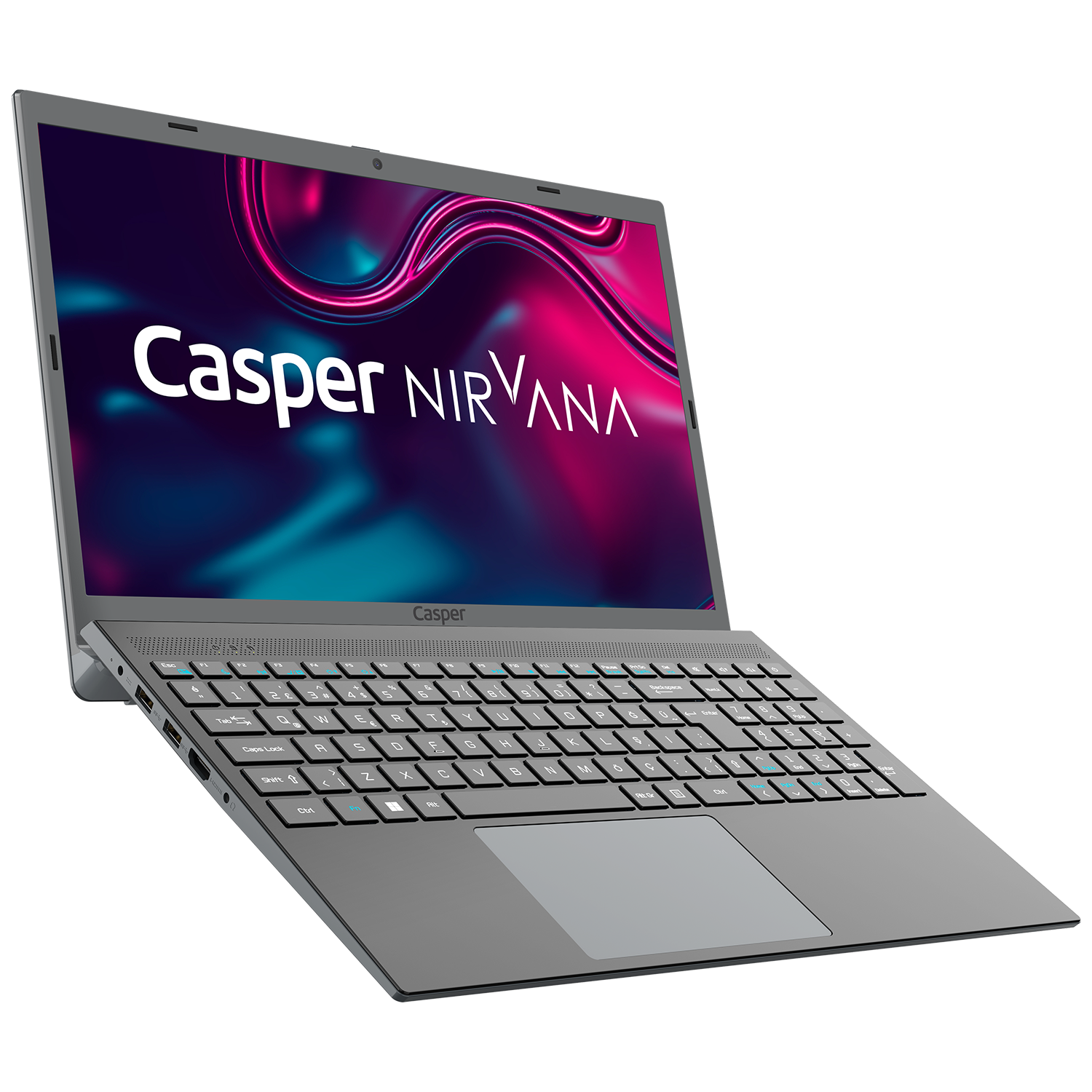 Ekranda Casper NIRVANA yazan gri bir dizüstü bilgisayar.