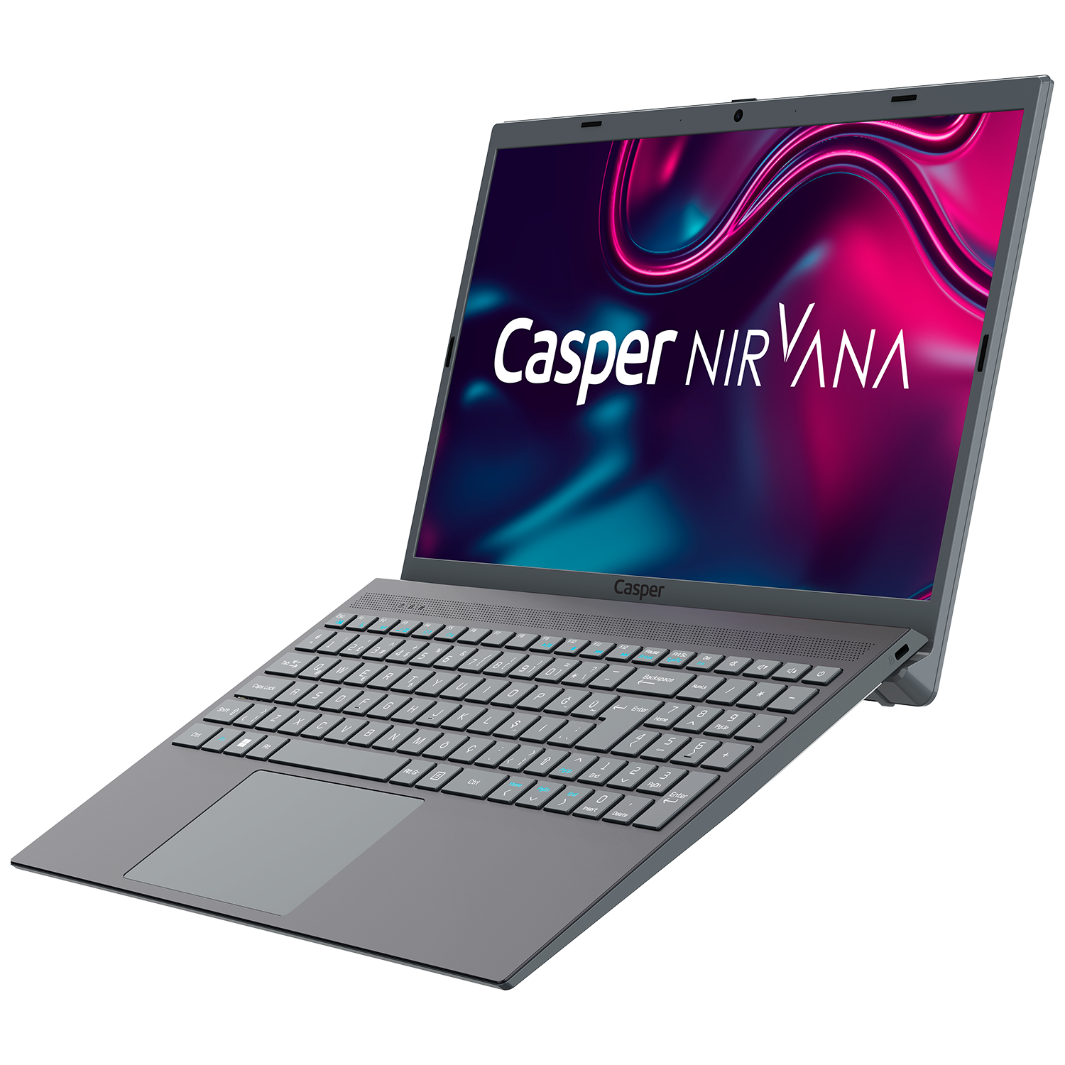 Gri Casper Nirvana dizüstü bilgisayar, açık. Ekran, Casper Nirvana logosunu gösteriyor.
