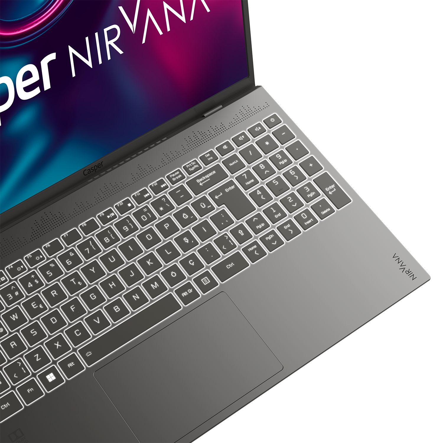 Beyaz bir klavyeye, aydınlatılmış bir ekrana ve Casper Nirvana adına sahip dizüstü bilgisayar.