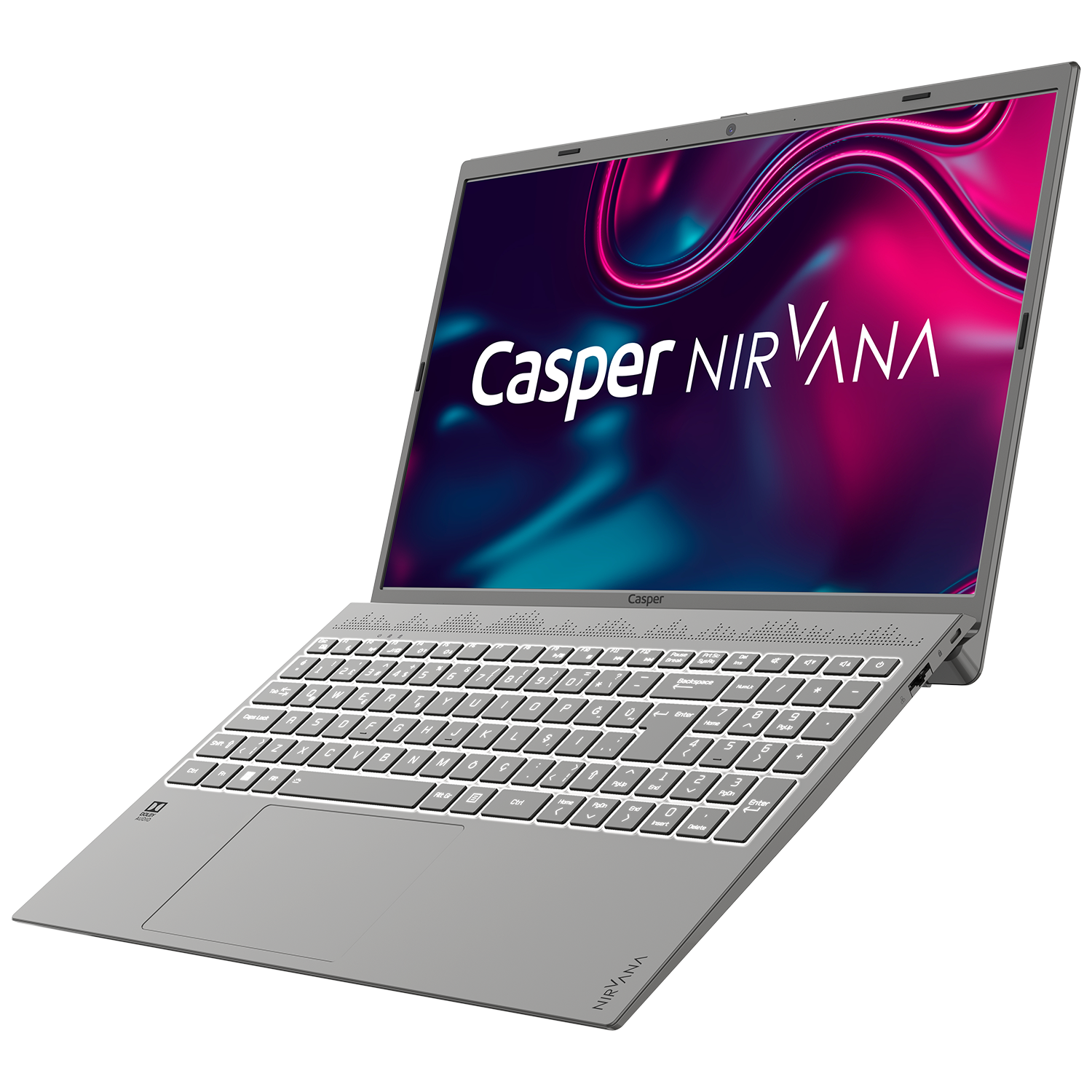 Renkli ekranı ve klavyesi olan, karanlık bir yüzeydeki Casper Nirvana dizüstü bilgisayar.