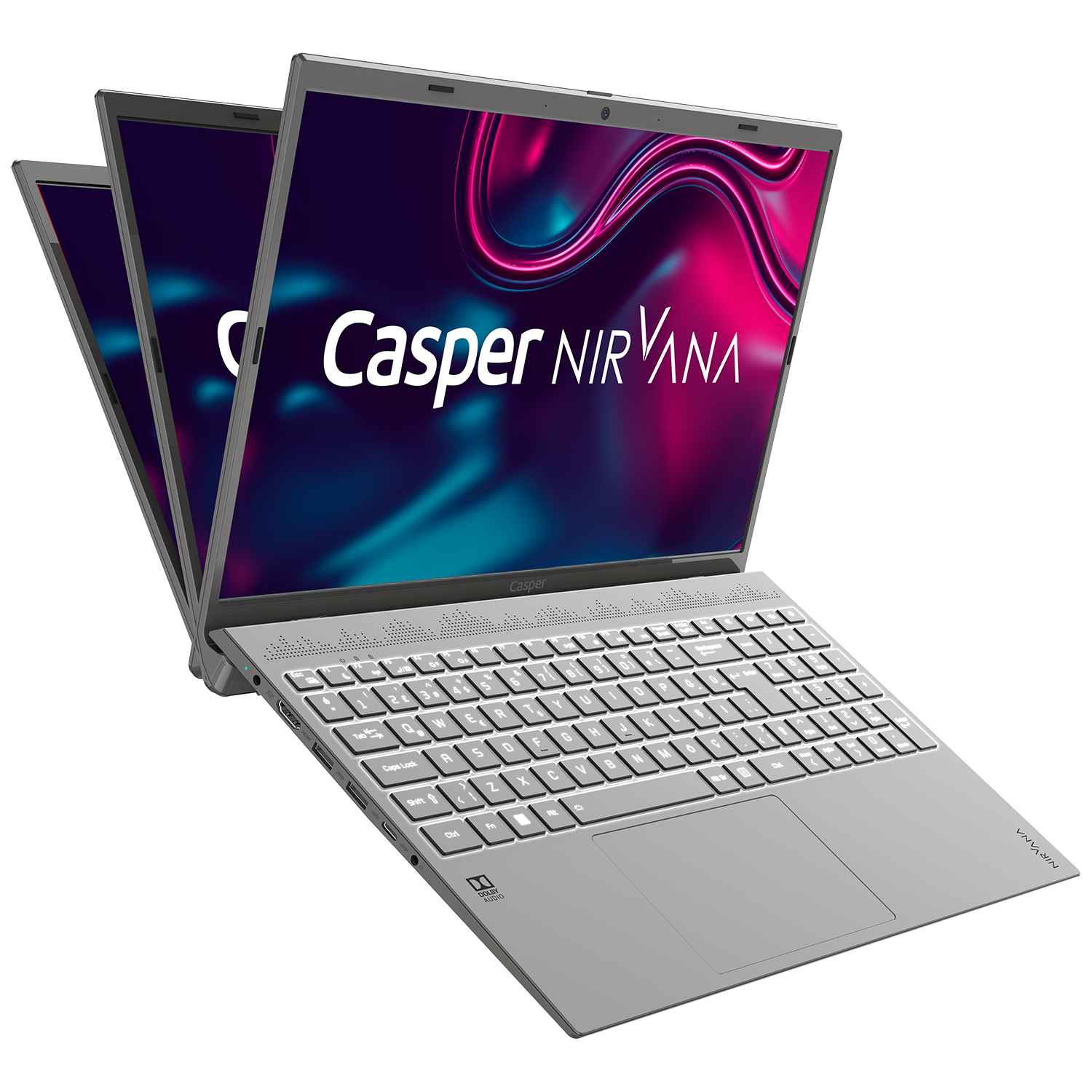 Casper Nirvana logosunu gösteren açık ekranlı dizüstü bilgisayar, klavye görünüyor.