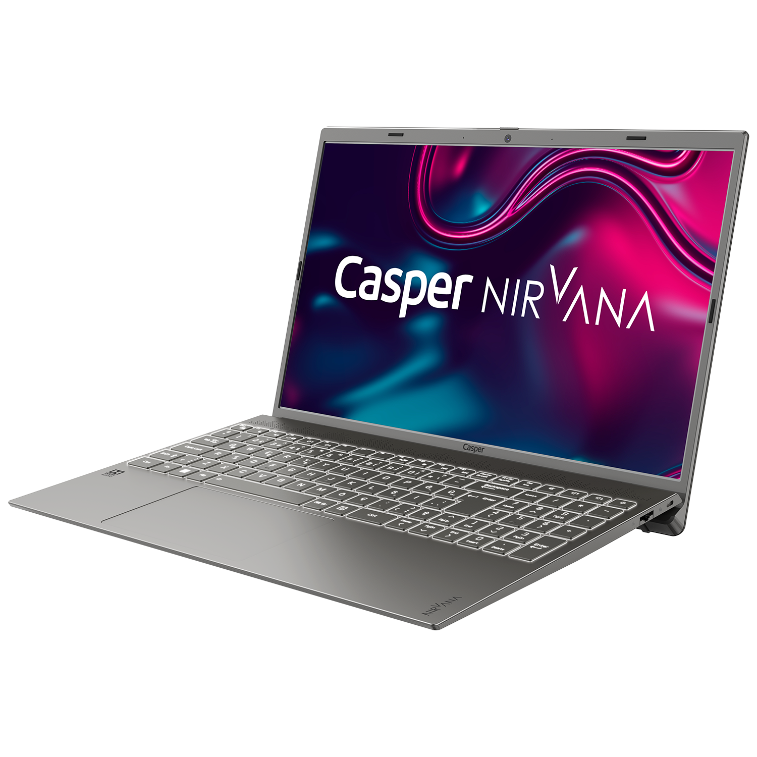 Ekranında 'Casper NIRVANA' yazısı olan, siyah bir yüzeyde gümüş renkli bir dizüstü bilgisayar.