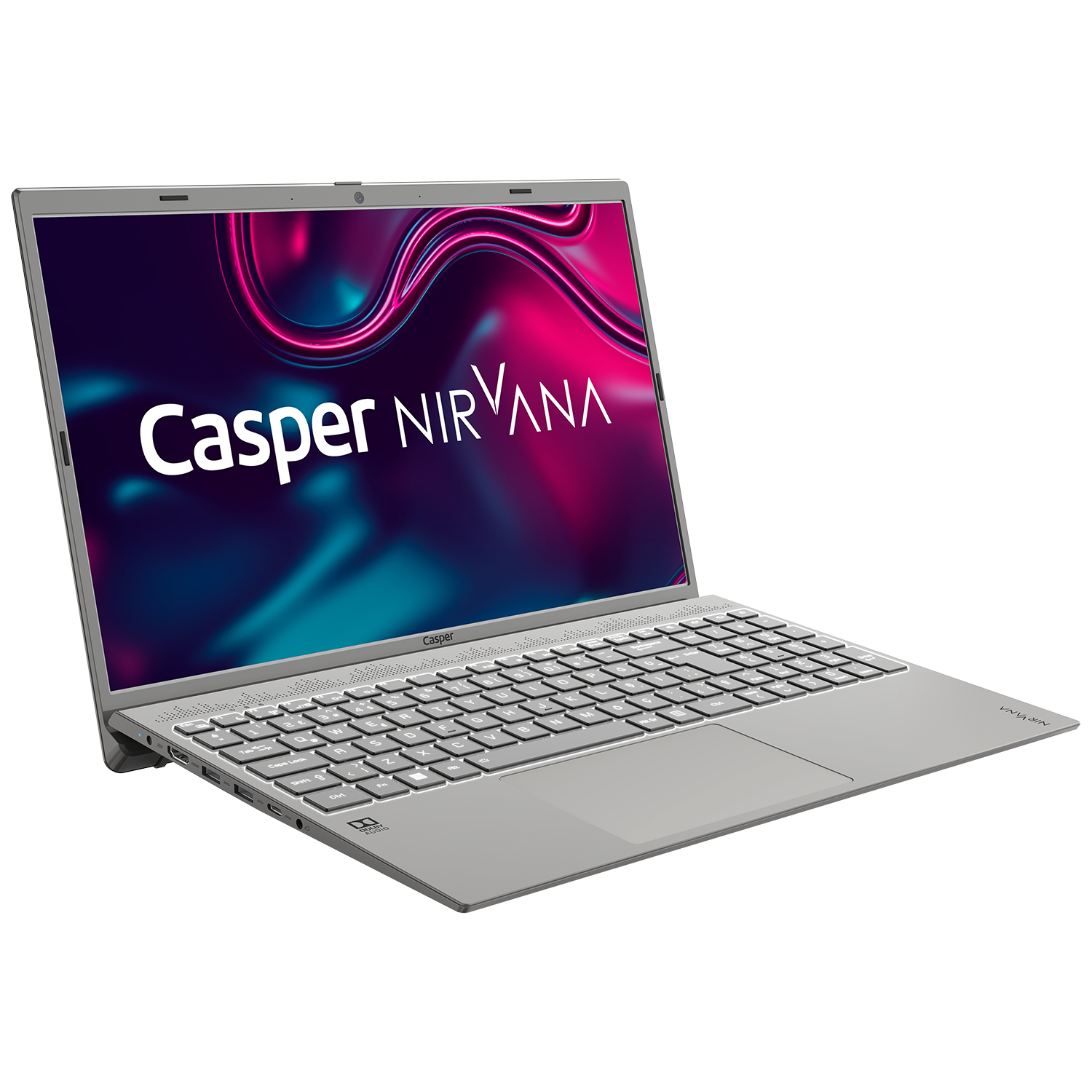 Ekranında "Casper NIRVANA" yazan gümüş renkli dizüstü bilgisayar, siyah arka plan.