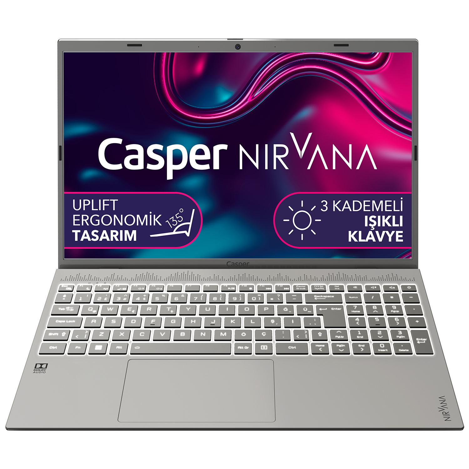 Casper Nirvana dizüstü bilgisayarı açık, ekranda metin ve yelpaze benzeri bir tasarım gösteriyor.